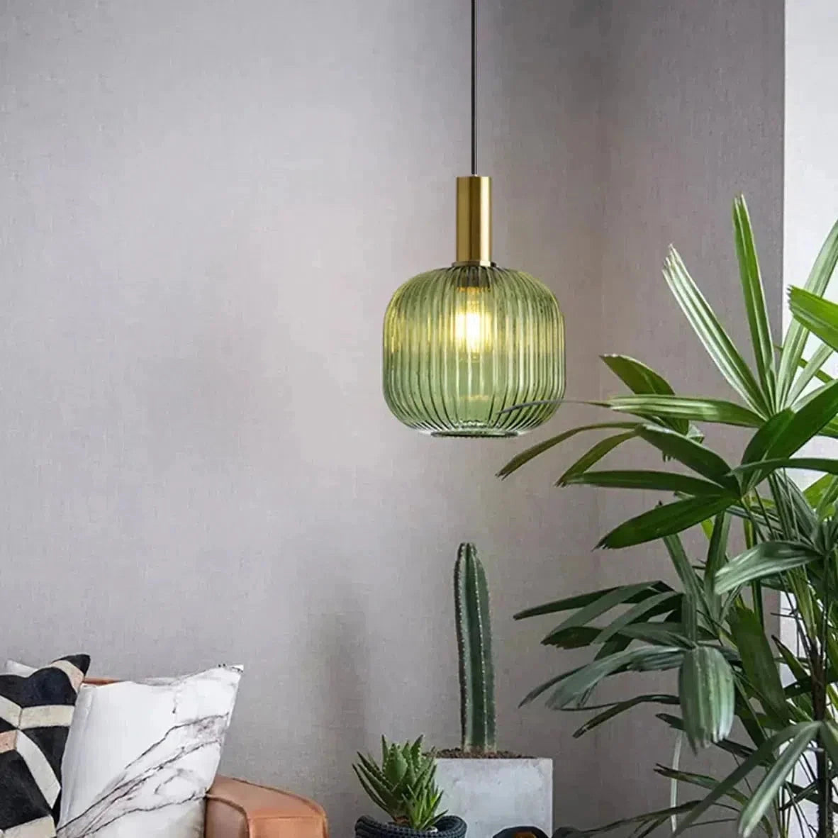 Green Ribbed Glass Pendant Light with Gold Accent Modern Scandinavia