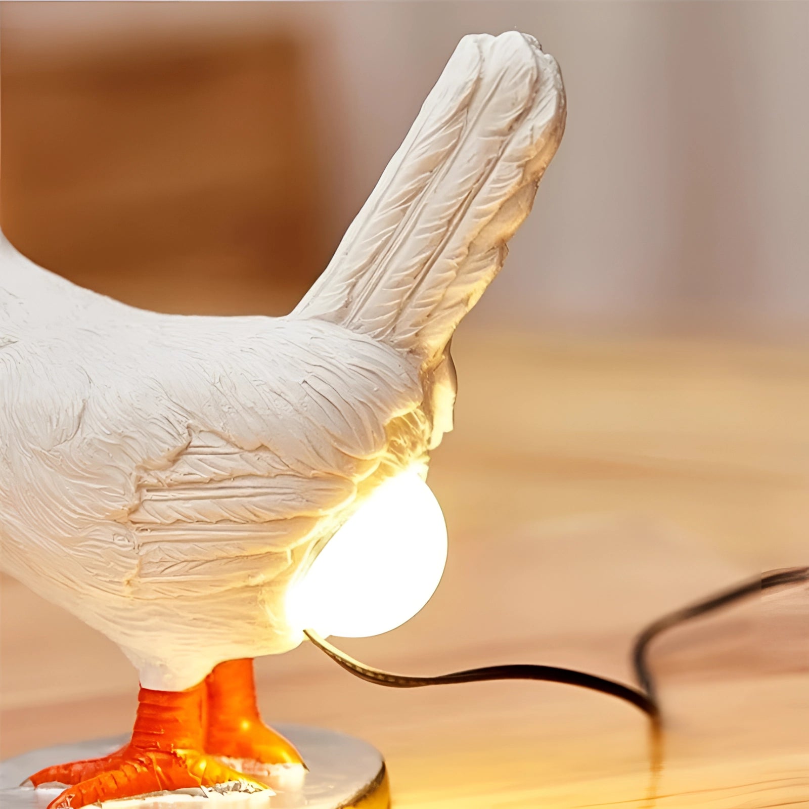 Hen-shaped rustic farmhouse night light resembling a wooden chicken sculpture with detailed feathers and beak.