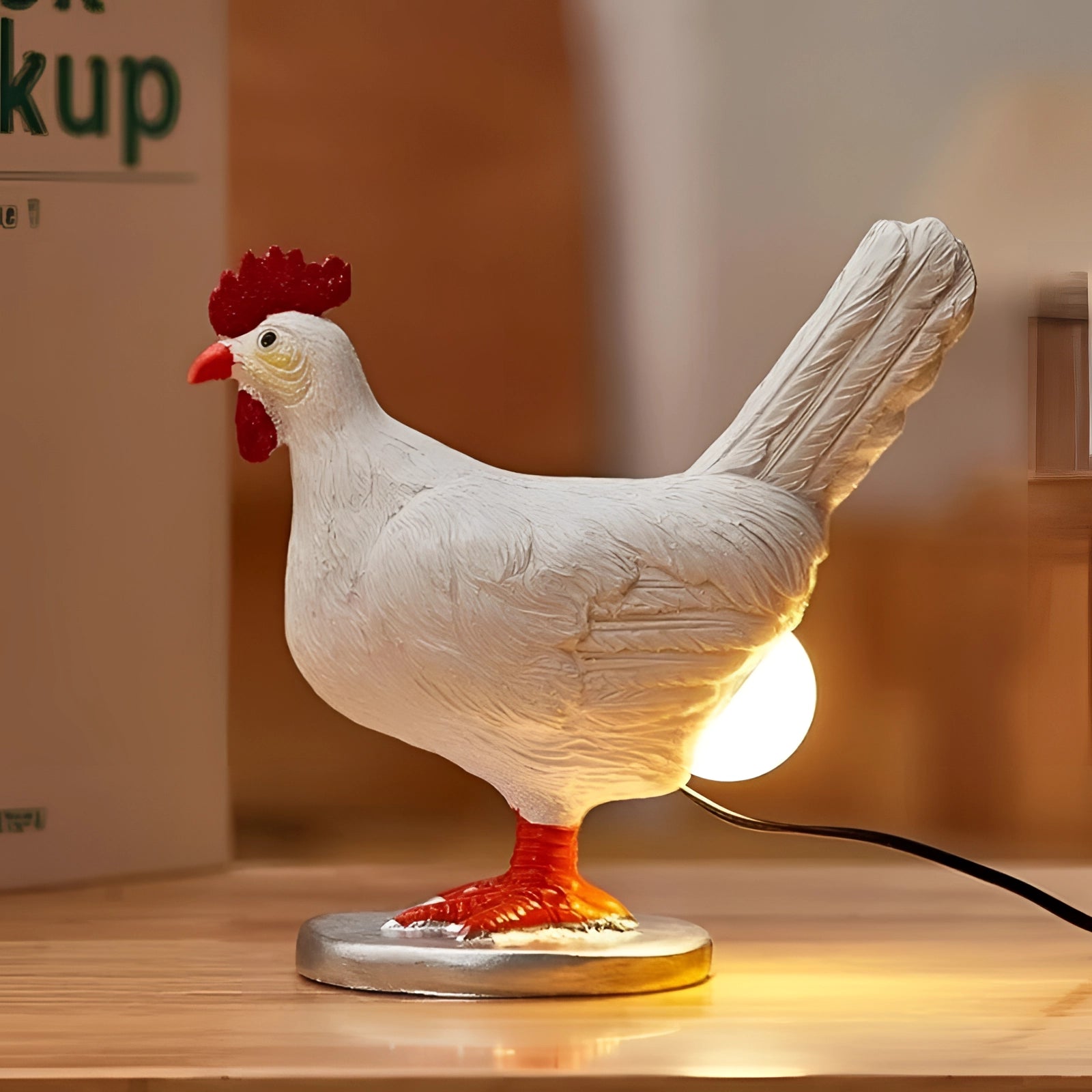 Hen-shaped rustic farmhouse night light resembling a chicken with detailed beak, comb, and wooden texture.