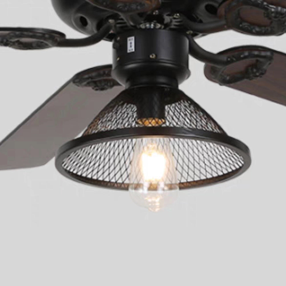 Industrial black ceiling fan with integrated light and remote control, featuring a vintage outdoor design.