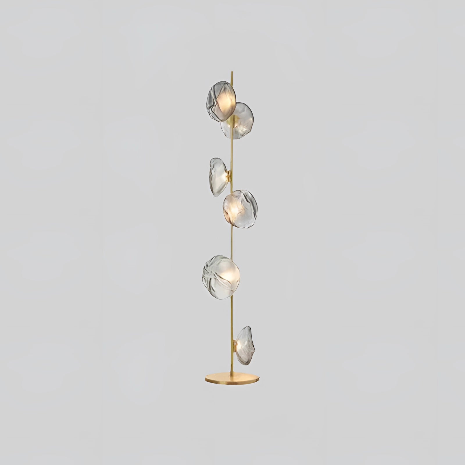 Industrial Metallic Pebble Floor Lamp with six heads in gold and smoke gray, featuring sculptural design with glass elements resembling artful twigs and a modern aesthetic.