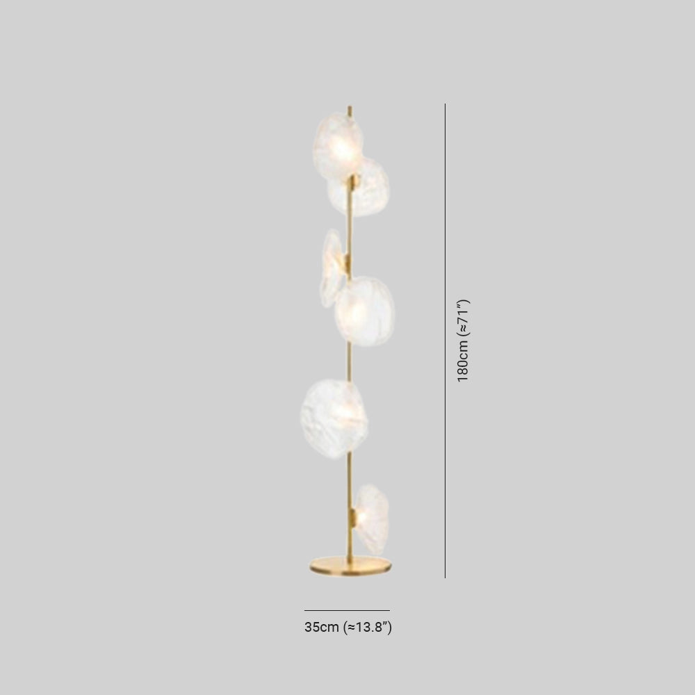Industrial Metallic Pebble Floor Lamp with a sculptural design, featuring a unique twig-like metallic structure and a circular metal shade.
