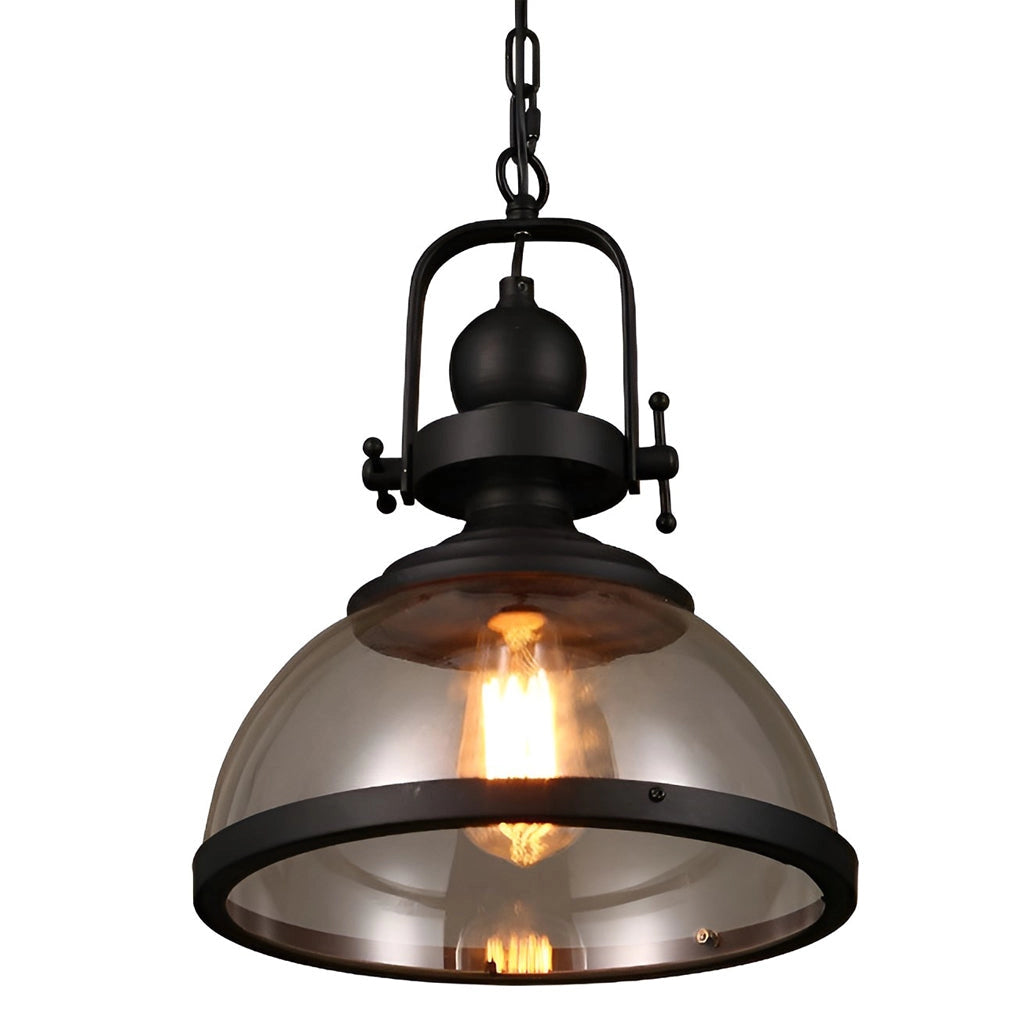 Industrial pendant lights with rustic Edison bulbs, featuring a symmetrical metal ceiling fixture in an amber finish, designed for interior decor.