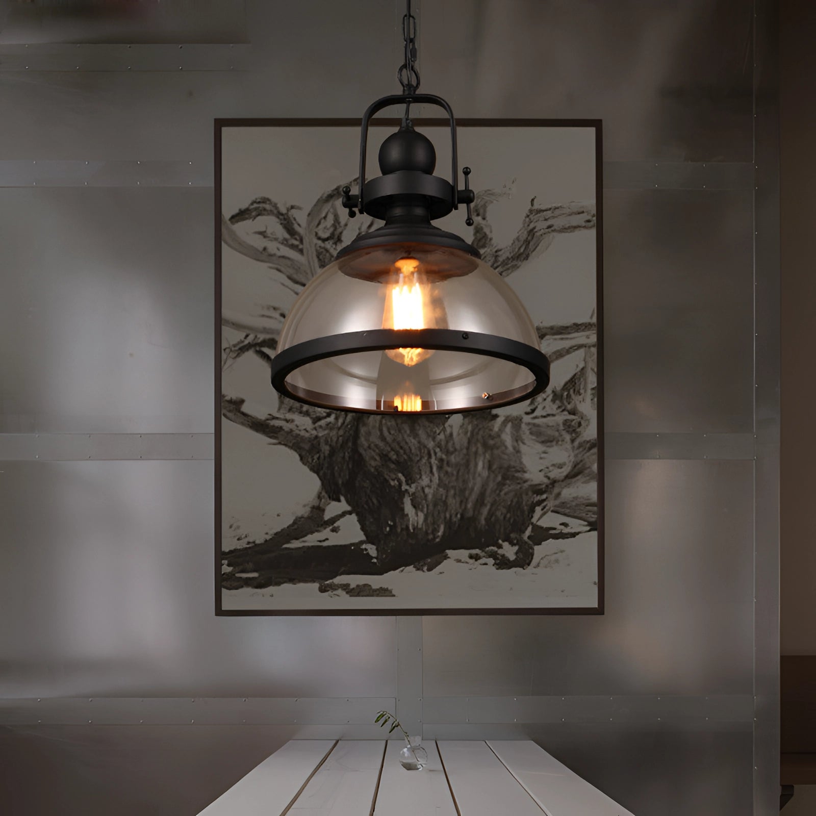 Industrial pendant lights with rustic design featuring Edison bulbs, hanging as a chandelier. The lights are part of a stylish interior decor setup with visible wood and glass elements, enhancing the aesthetic appeal of the room.