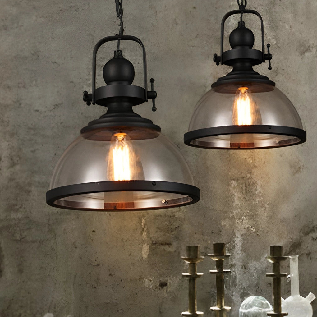 Industrial pendant lights featuring a rustic design with Edison bulbs, showcasing a wooden and metallic structure ideal for chandelier decor.