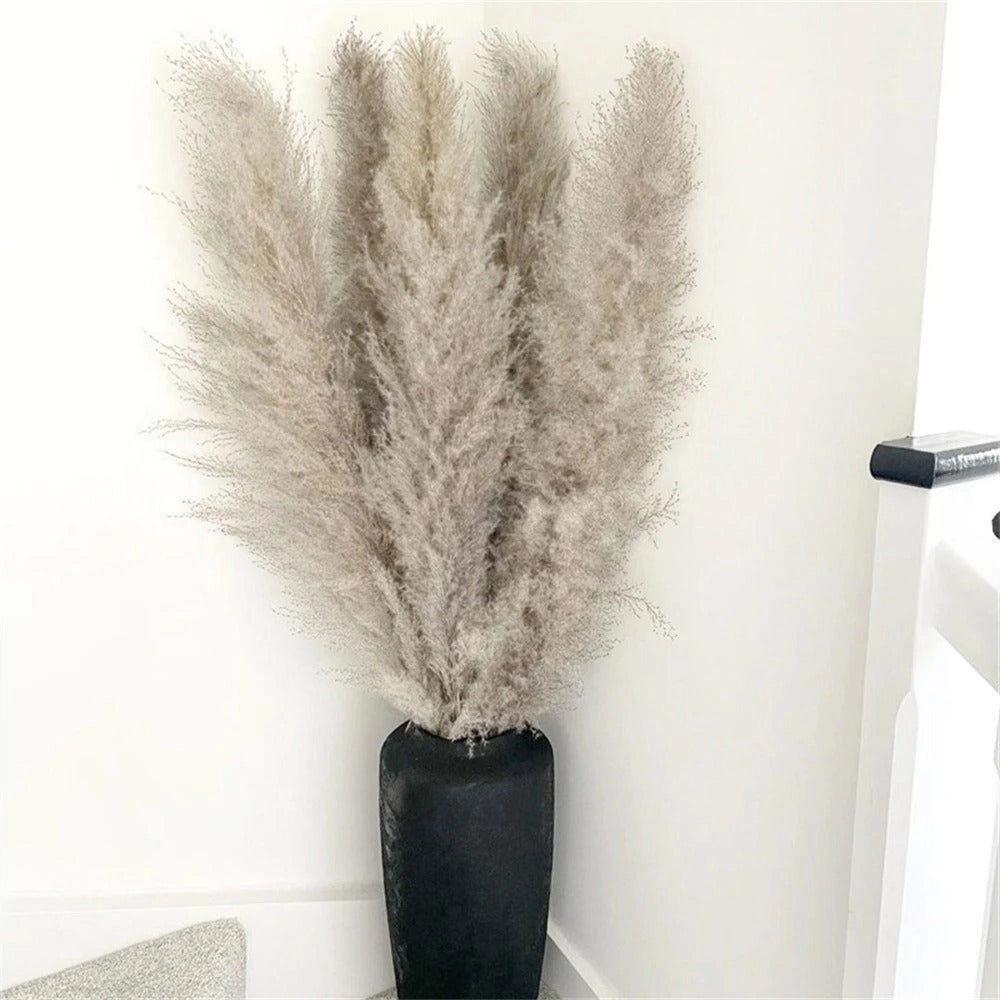 Large dried pampas grass bouquet with fluffy gray plumes, displayed in a rustic flowerpot on a wooden floor, suitable for boho decor and as a centerpiece.