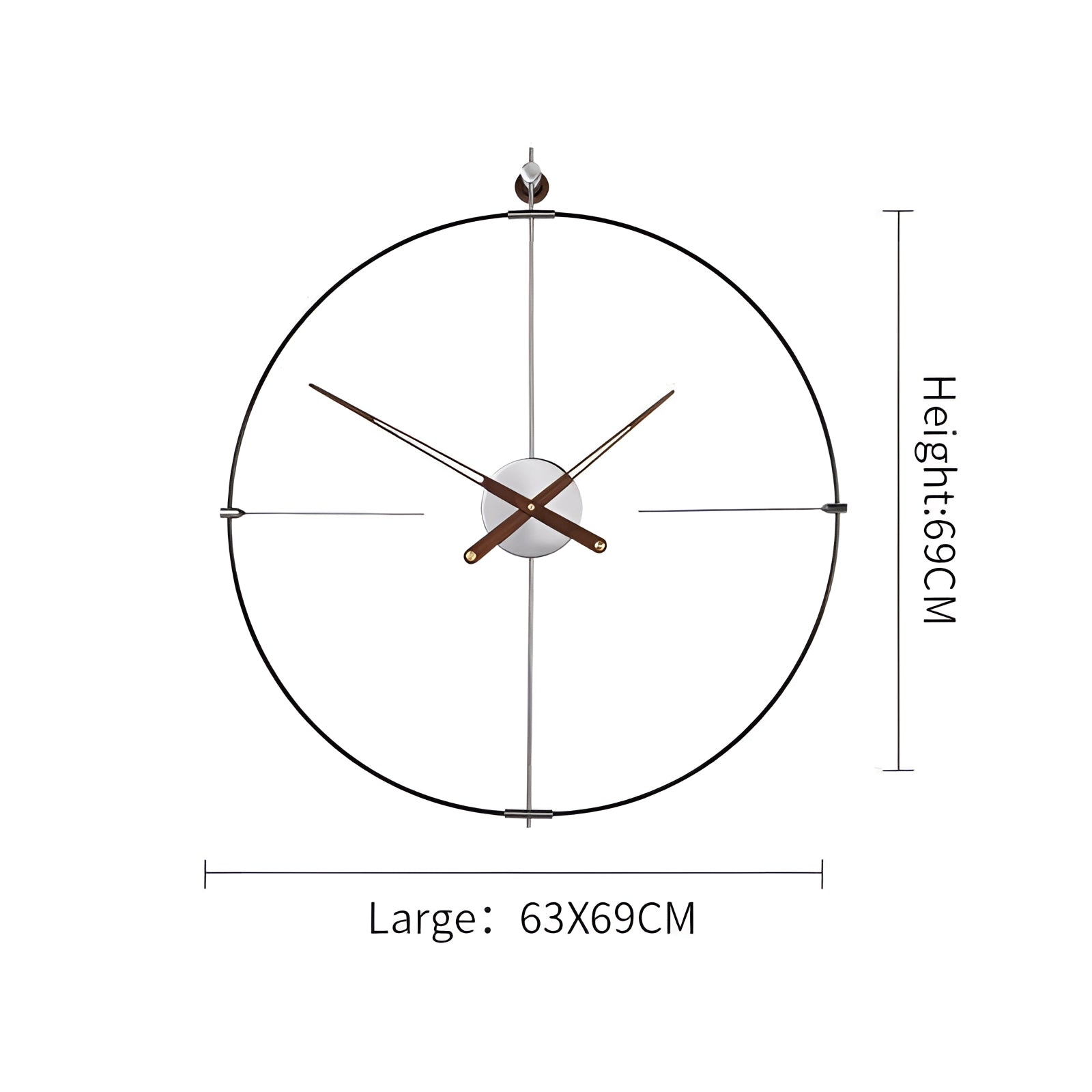 Large luxury metal wall clock with a modern minimalist design, featuring a circular shape and symmetrical details, displayed on a wall.
