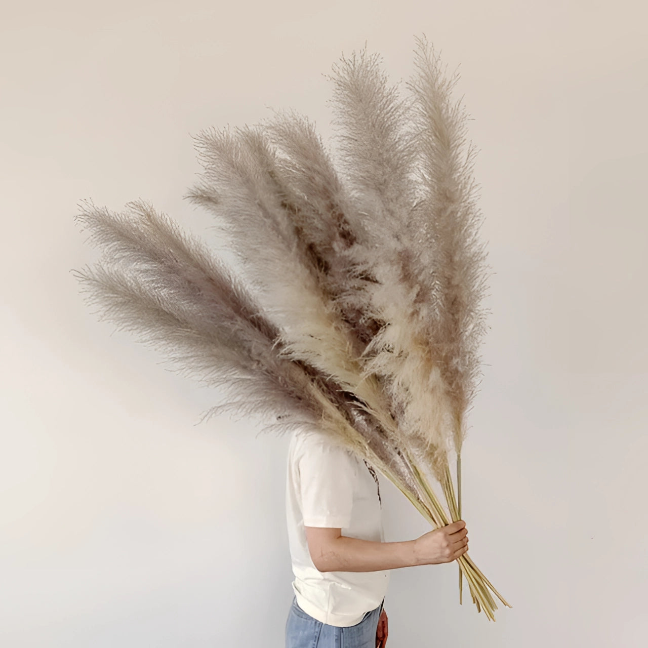 Gray pampas grass bundle of 12 pieces, featuring tall, fluffy plumes ideal for boho chic and rustic home decor.
