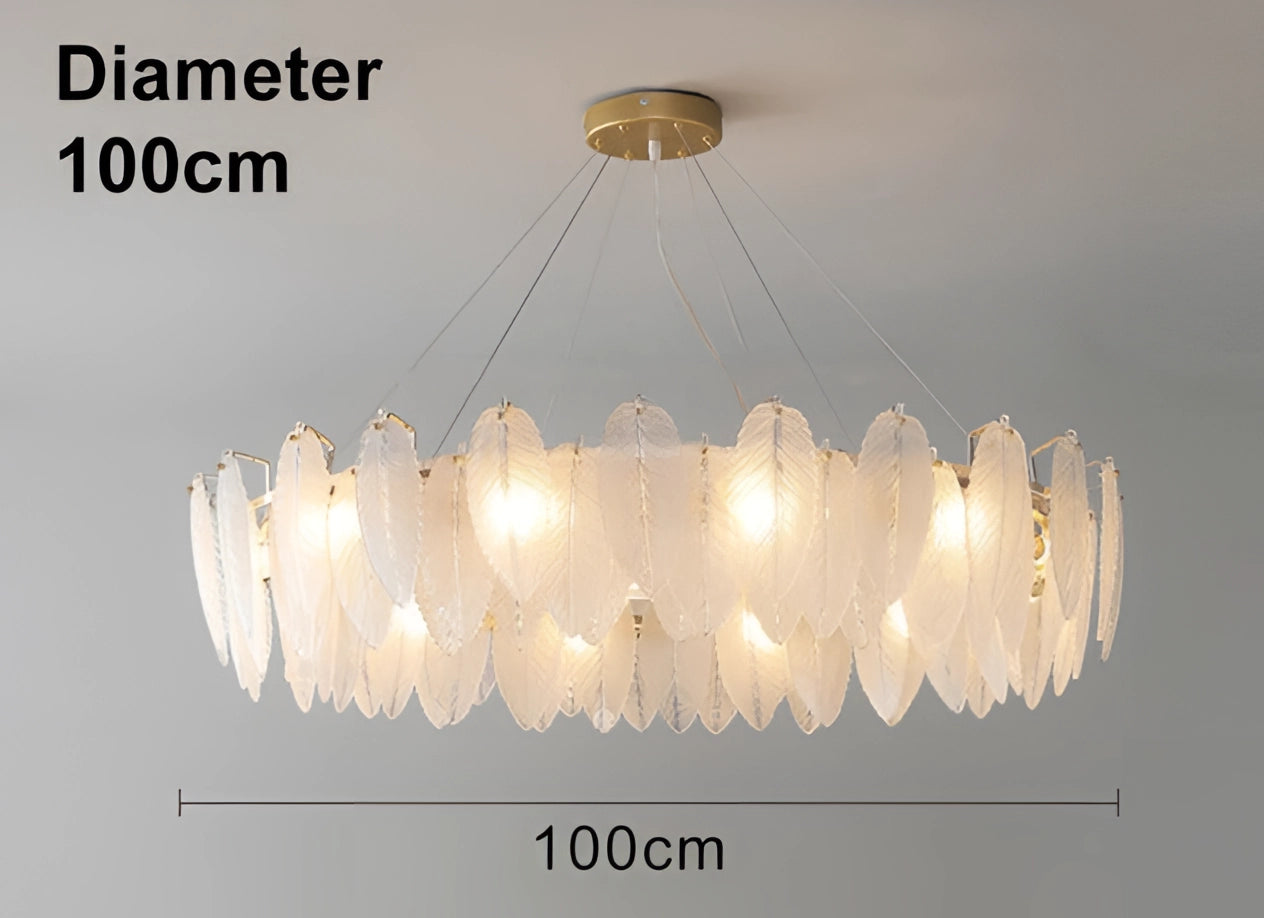 Modern elegant leaf-shaped gold chandelier, 100 cm, hanging from ceiling, illuminating bedroom with luxurious light.