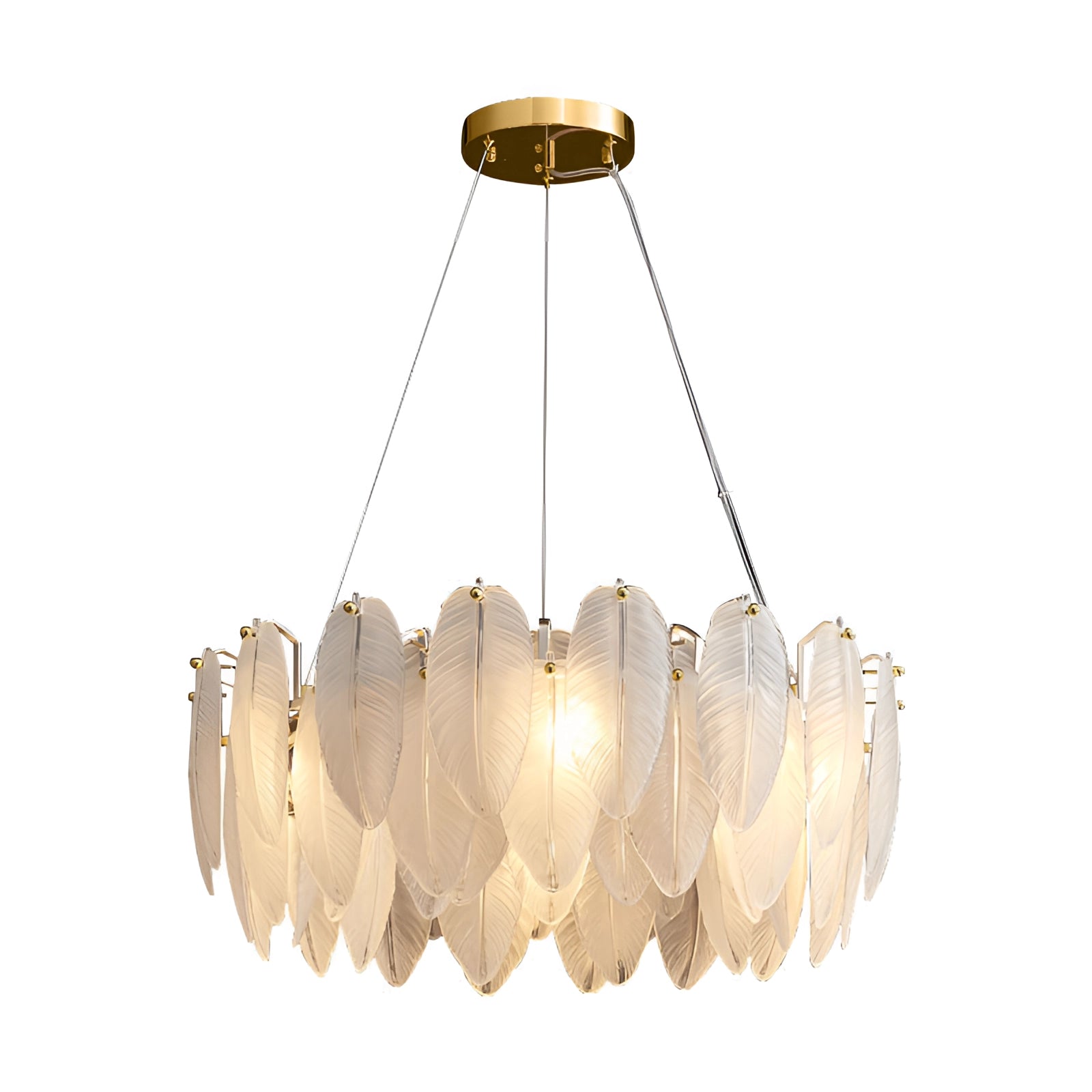Modern elegant chandelier with leaf-shaped gold accents, hanging from the ceiling in a luxury bedroom setting.