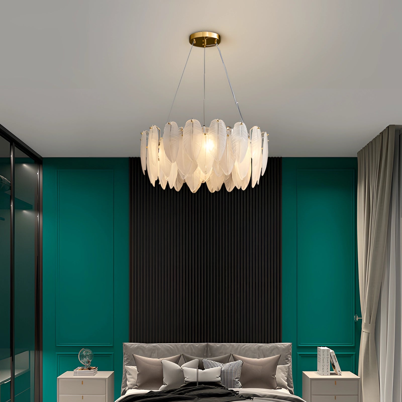 Modern elegant luxury bedroom featuring a leaf-shaped gold chandelier with intricate design, stylish couch, and green decorative elements.