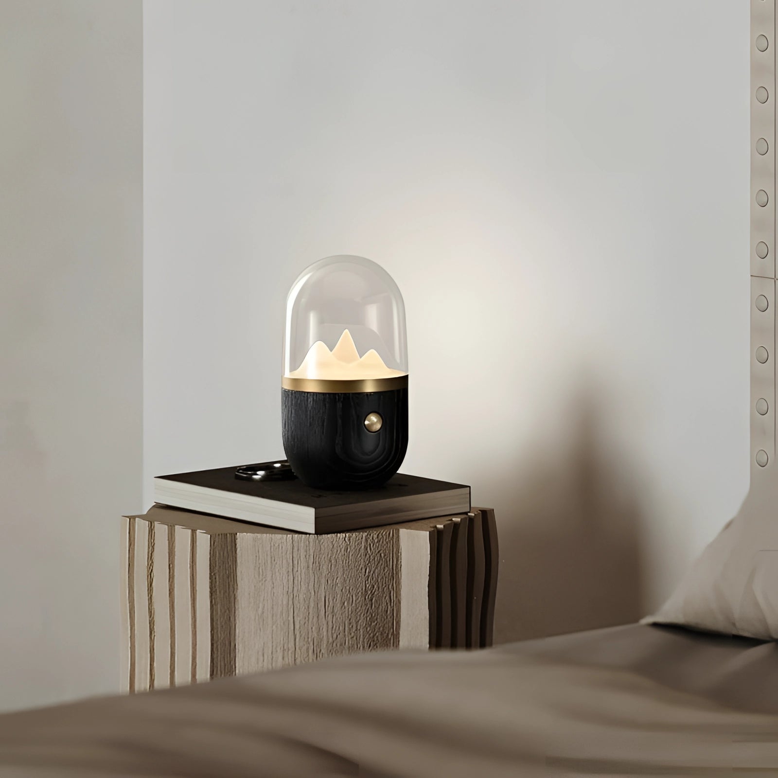 LED flame lamp with a wood base, featuring a rectangular design, displayed on a table. The lamp creates a cozy ambiance with its natural and composite materials.