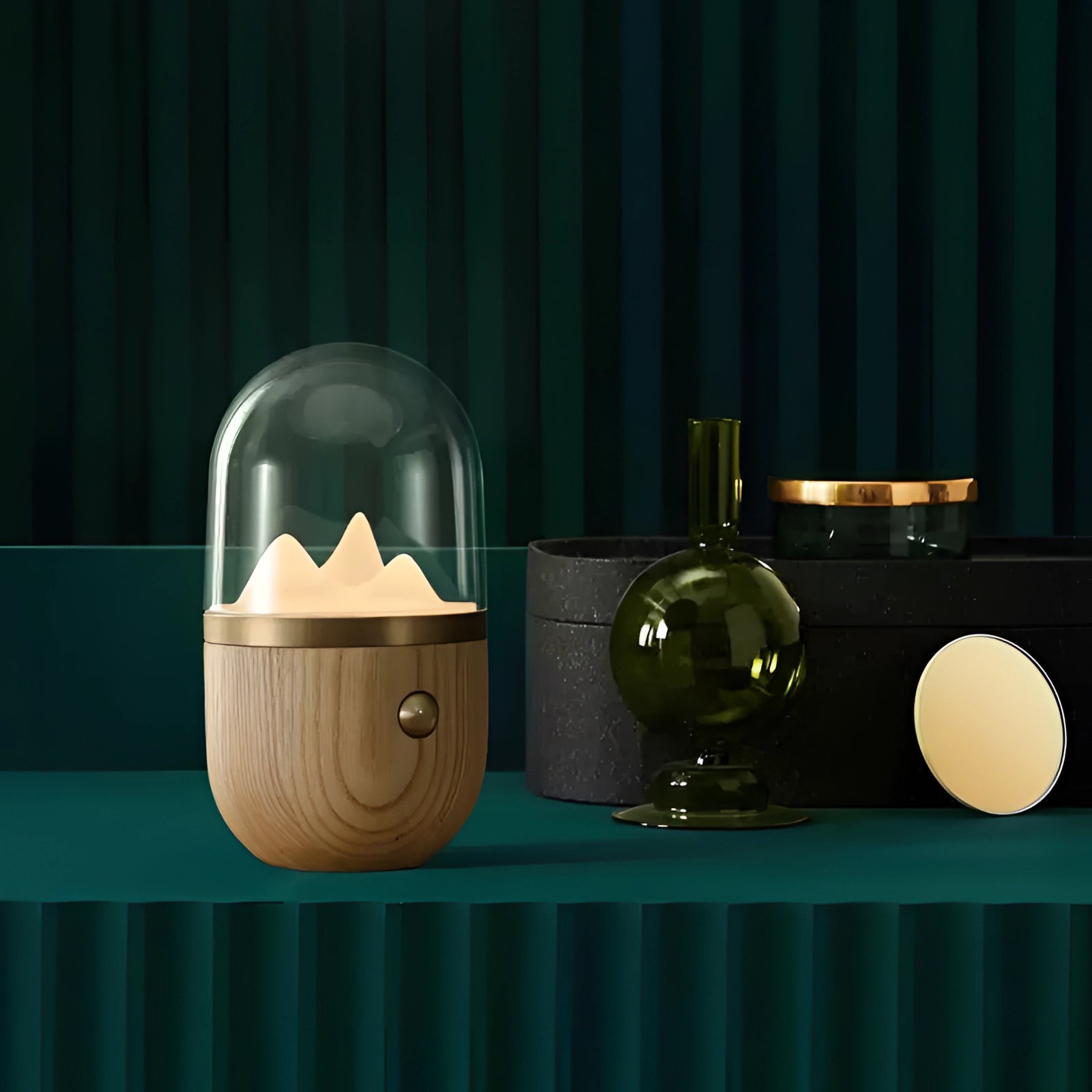 LED flame lamp with a wood base featuring a rectangular glass design, resembling a bottle shape, suitable for portable decor.