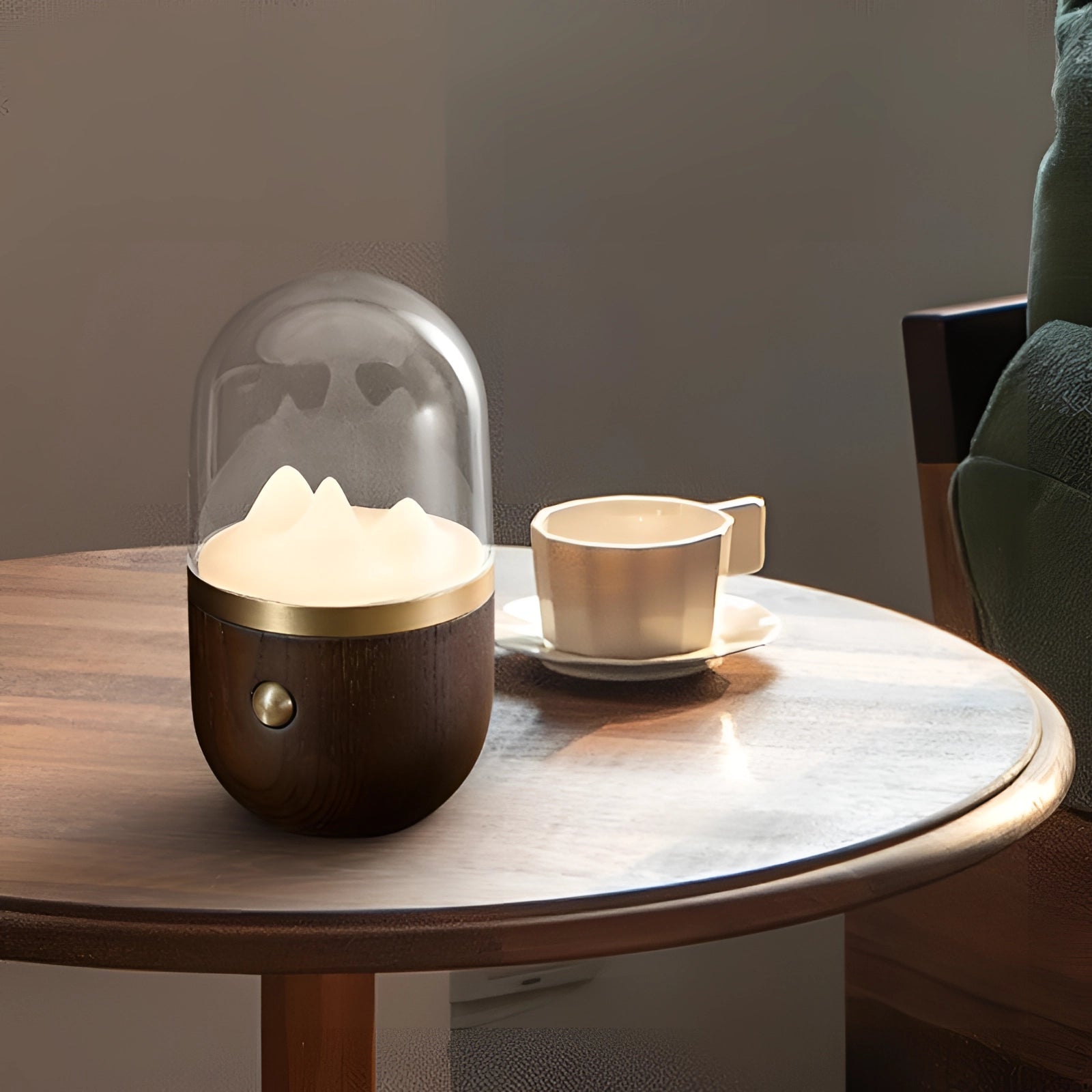 LED flame lamp with a dark wood base, placed on a table with tableware, including a coffee cup and dishware, surrounded by a tablecloth.