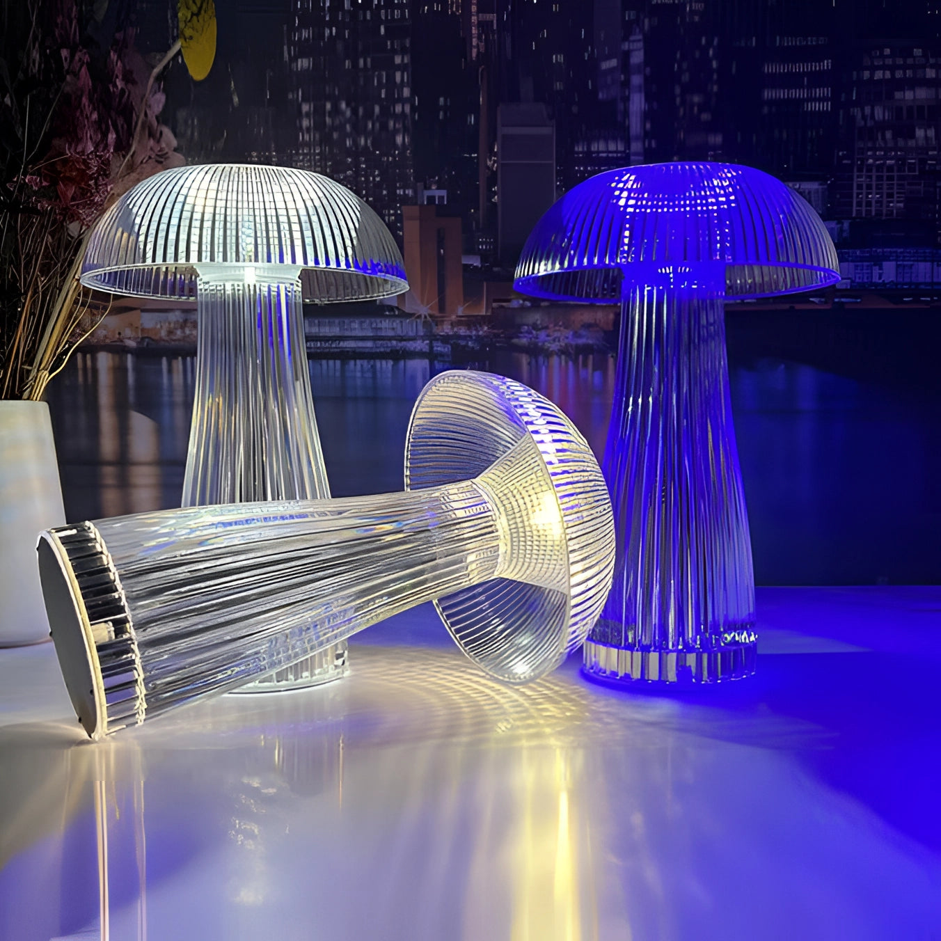 Modern LED Mushroom Table Lamps emitting a soft purple light, energy-efficient decorative accent lighting.