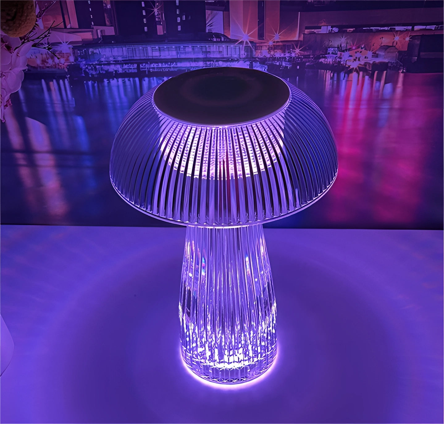 Modern decorative LED mushroom table lamp with energy-efficient purple and magenta lighting effects.