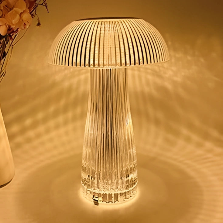 LED mushroom table lamp with modern design, featuring a wooden base and energy-efficient lighting, placed on a table with decorative elements.