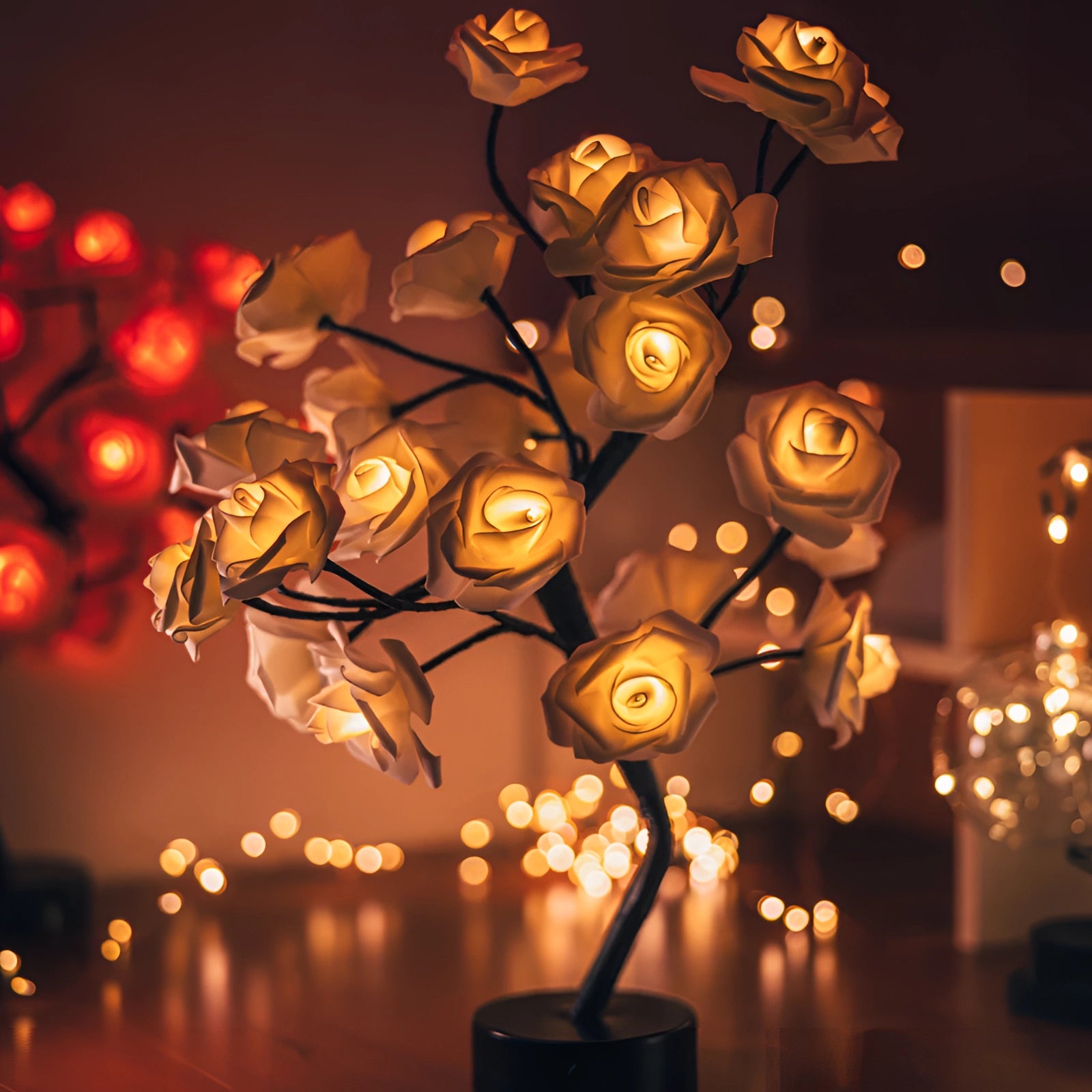 LED rose lamp with beige petals, featuring an amber glow, arranged on a delicate branch resembling a small tree, perfect for romantic decor or as a Valentine's gift.