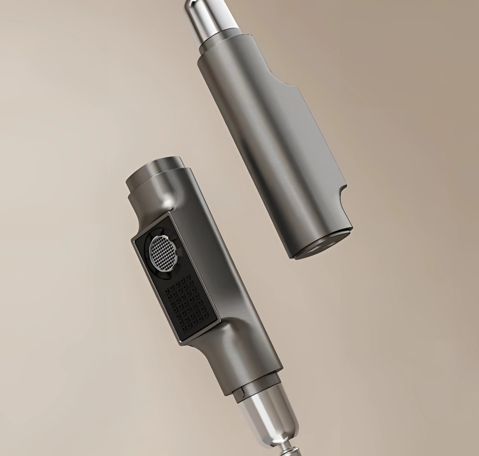 A metal LED temperature display faucet with a pull-out spray design featuring eco-friendly and smart touch technology, showcasing a sleek, cylindrical form.