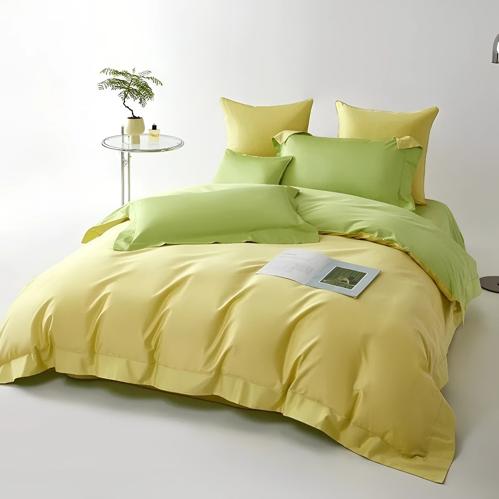 Luxurious lime green satin bedding set displayed on an American King-sized bed, featuring eco-friendly duvet and matching pillowcases. The bed is accompanied by a wooden bed frame, and a lamp is visible in the background, enhancing the cozy and comfortable ambiance of the room.