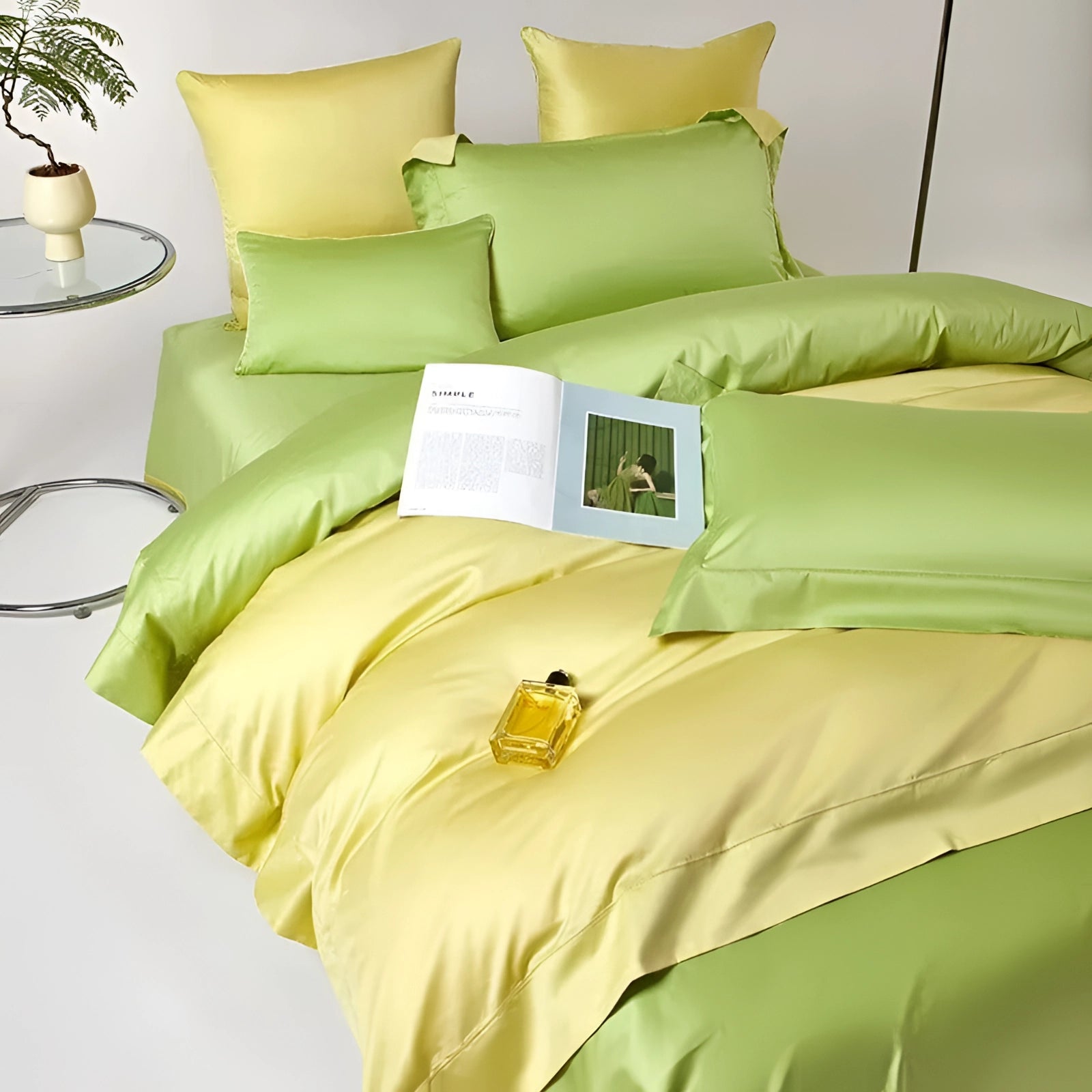 Lime green satin bedding set on a bed with matching pillowcases, surrounded by a cozy and comfortable bedroom setting.