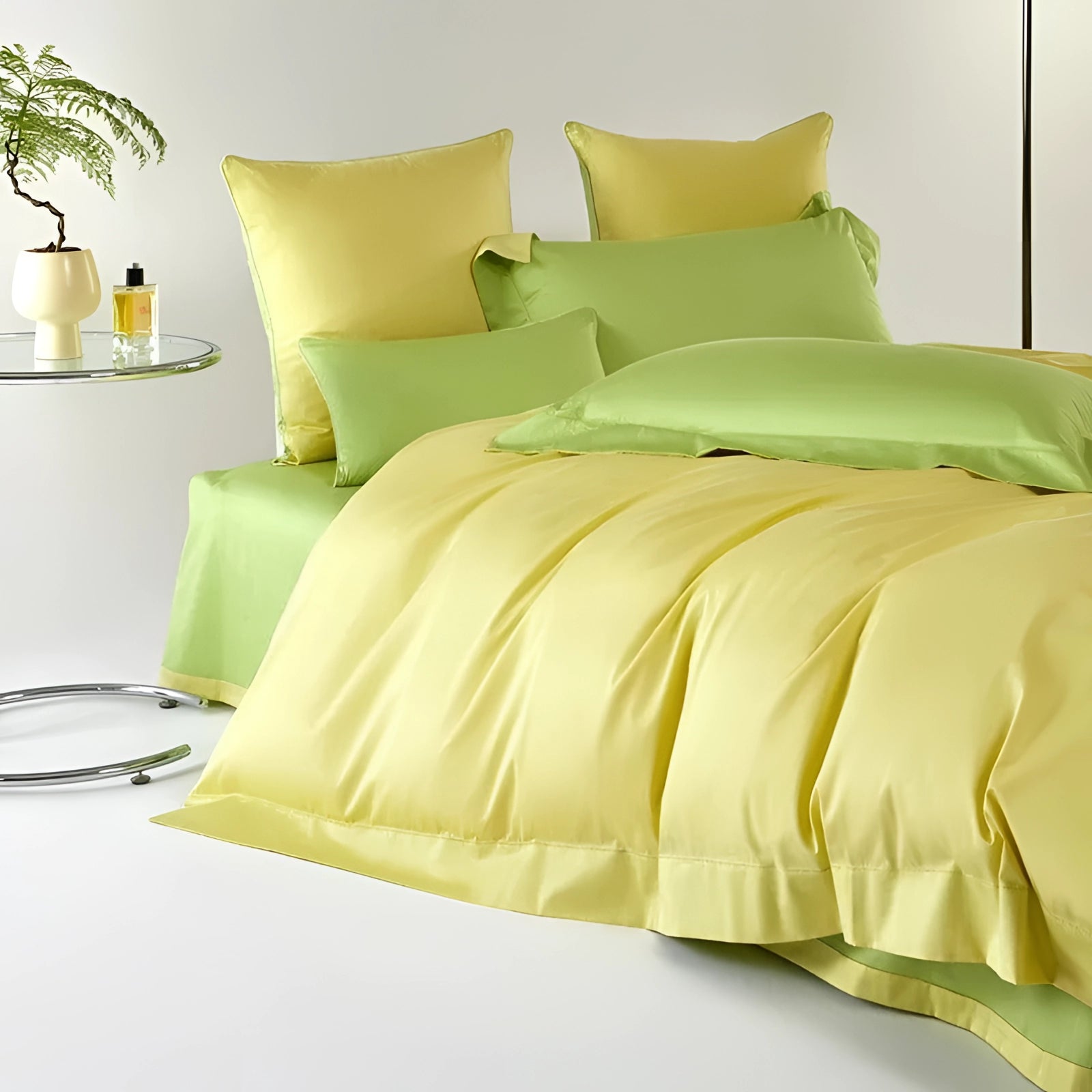Lime green satin bedding set featuring a luxurious, eco-friendly duvet and matching pillowcases, displayed in a stylish bedroom setting with houseplants and modern interior decor elements.