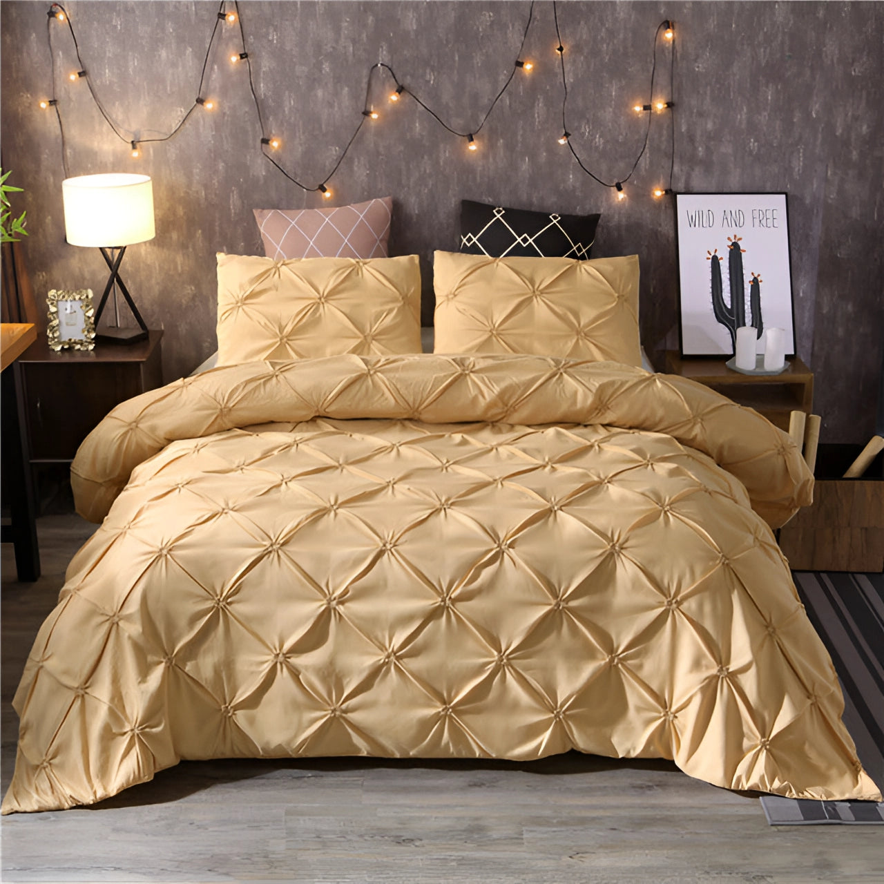 Luxury black pinch pleat comforter with modern geometric design, displayed on a bed with a yellow variant measuring 230x260cm, complemented by surrounding interior elements such as pillows, a wooden bed frame, a lamp, and a flowerpot, creating a cozy and stylish bedroom ambiance.