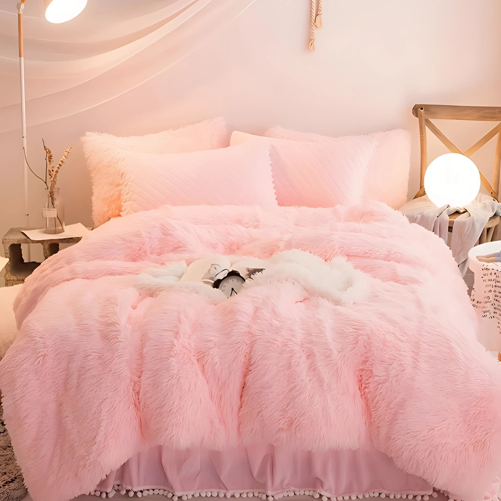 Light pink luxury faux fur comforter in a superking size, draped over a bed in a cozy bedroom setting, surrounded by plush textiles and warm lighting.
