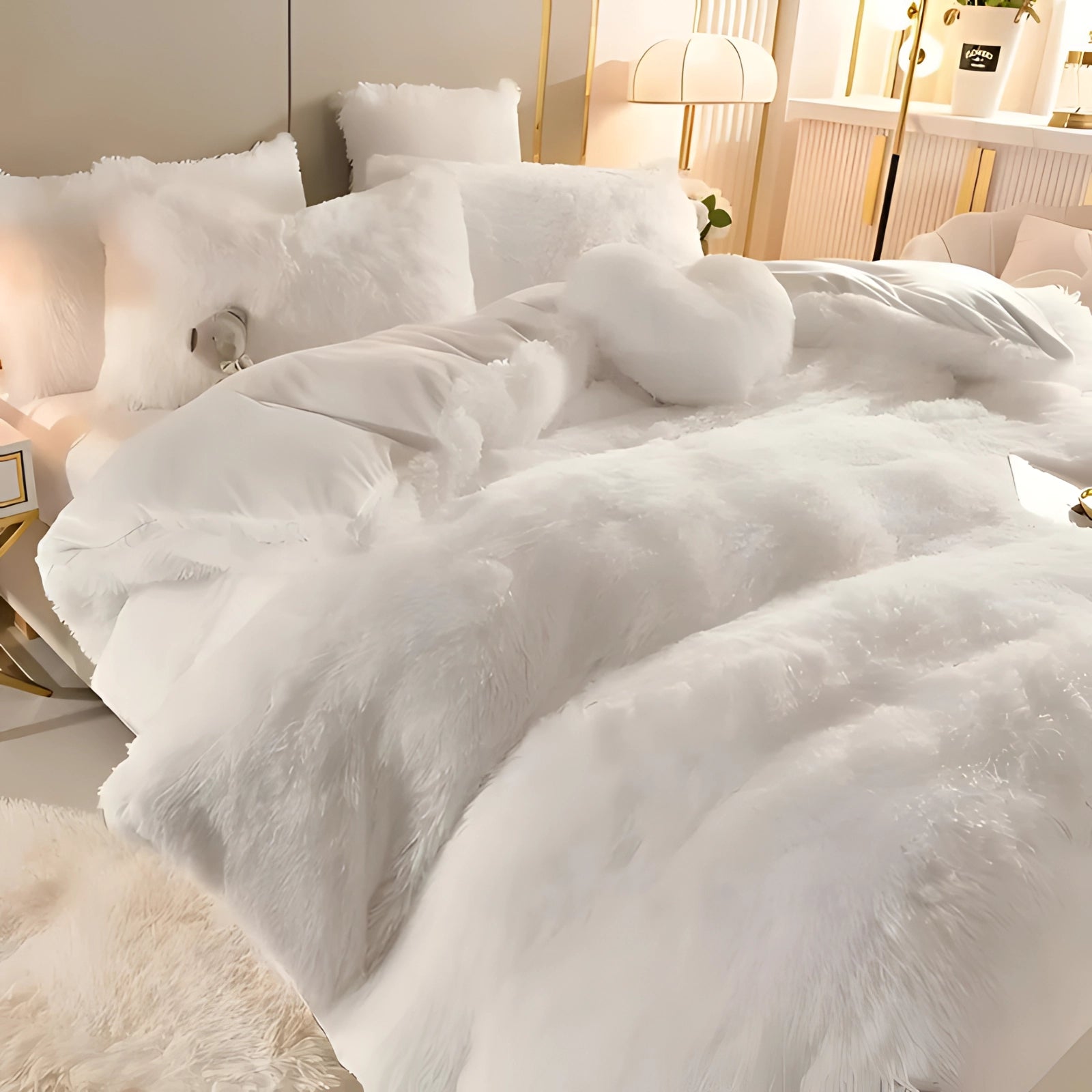 Luxurious blue faux fur comforter on a neatly made bed with white sheets in a superking size, set against a beige-toned room with wood flooring, creating a cozy and inviting winter bedding display.
