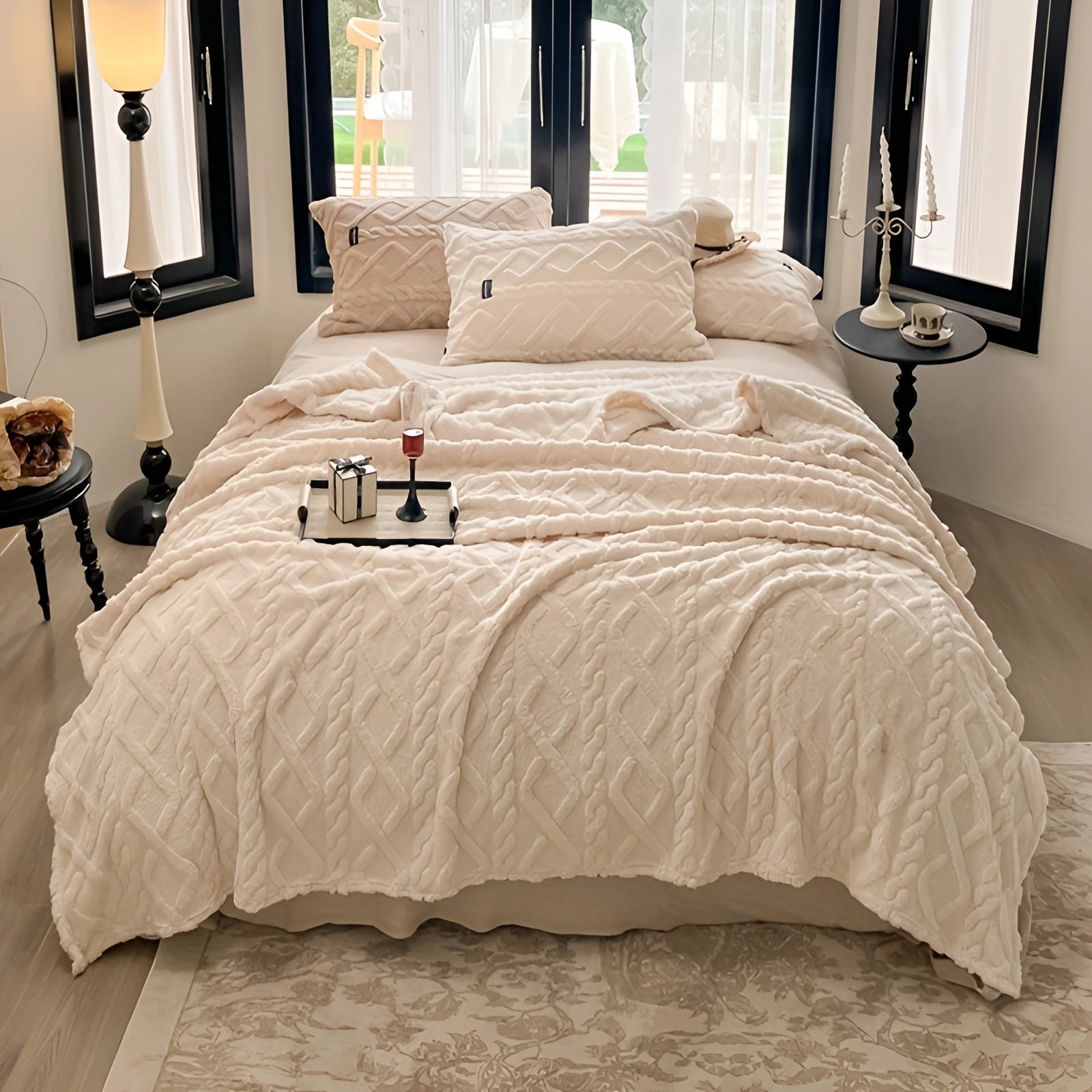 Luxury cream textured duvet cover on a bed with a wooden frame, complemented by a bed skirt, in an elegantly designed interior setting.