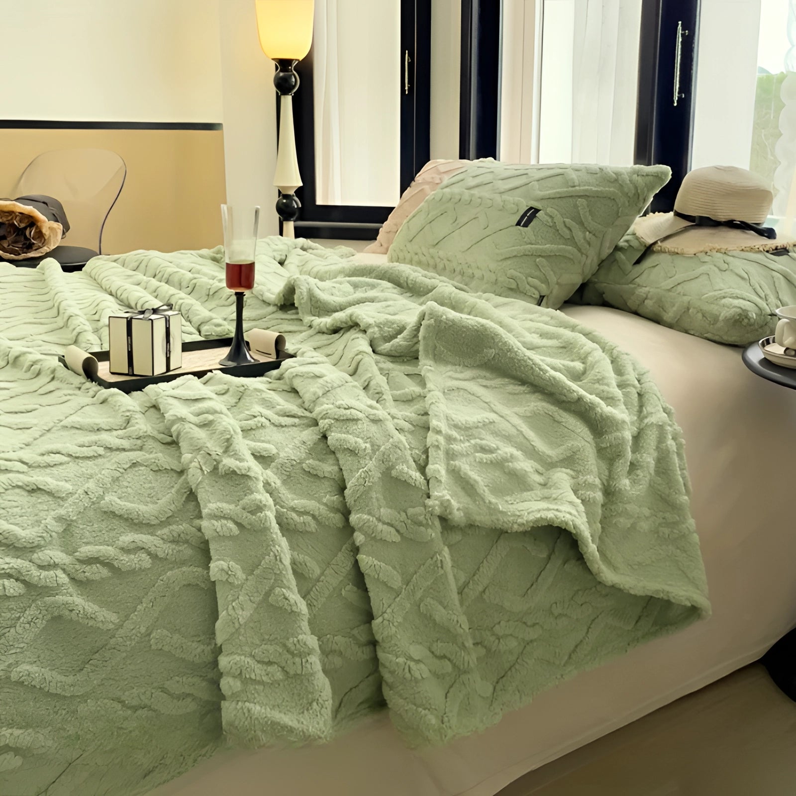 Luxury cream textured duvet cover on a neatly made bed with a green hue, styled in a sophisticated interior setting featuring a wooden bed frame, an elegant lamp, and rich flooring. The scene conveys a sense of comfort and high-end design.