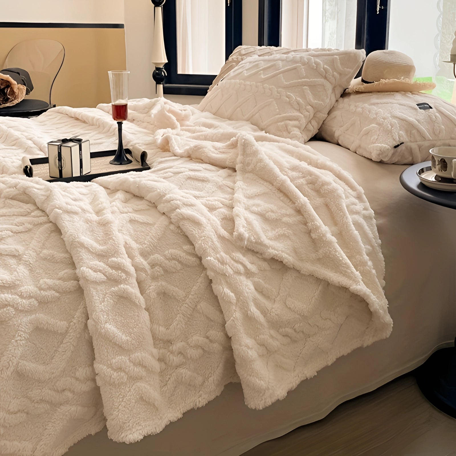 Luxury cream textured duvet cover in beige, elegantly displayed on a bed with a wooden frame in a well-designed interior space. The bedding exudes comfort and high-end style, complementing the grey and hardwood flooring of the room. The duvet cover measures 200 x 230 cm, fitting perfectly on the rectangular bed.