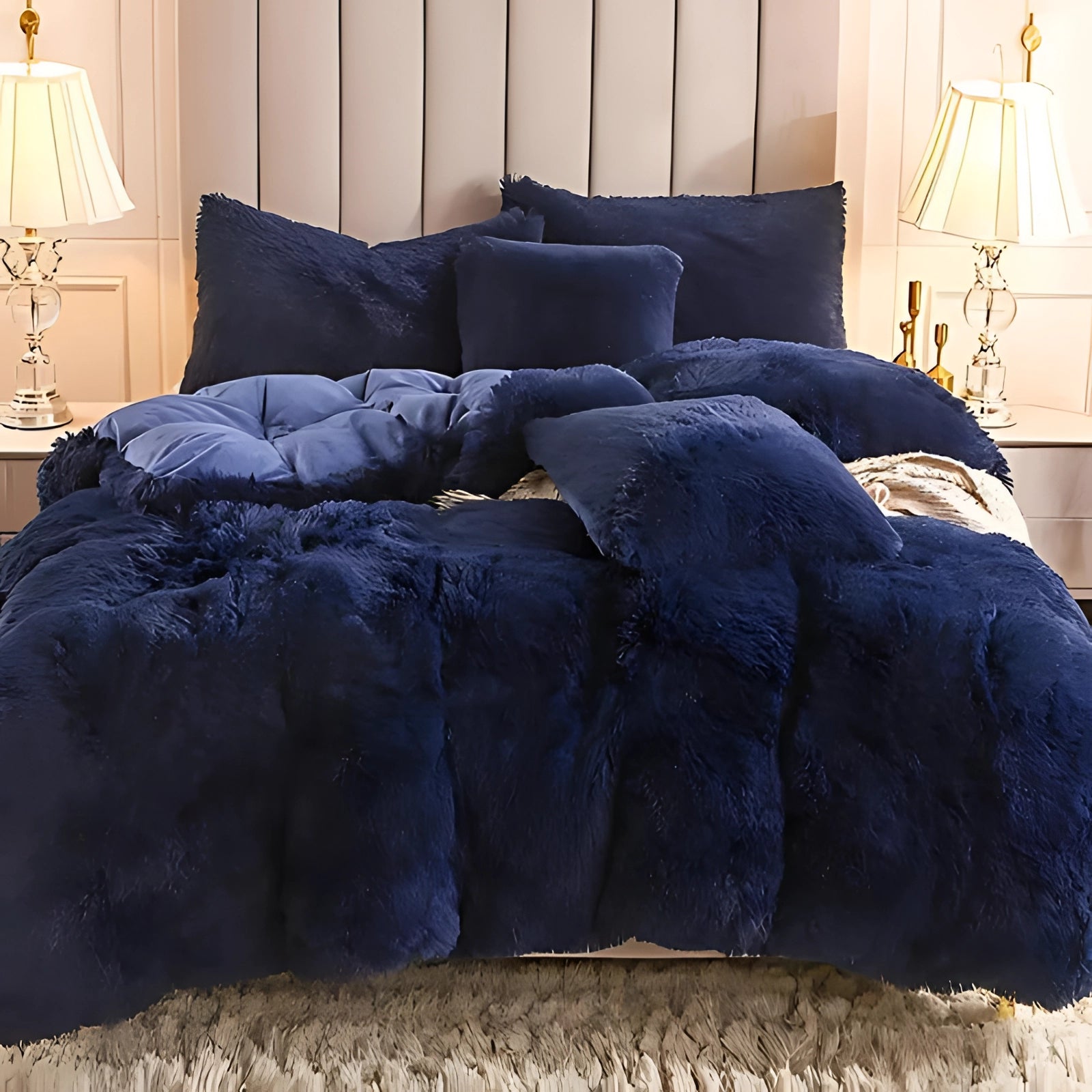 Luxurious dark blue faux fur bedding set in superking size, featuring a plush comforter and matching shams, displayed in a well-lit room with wooden flooring.