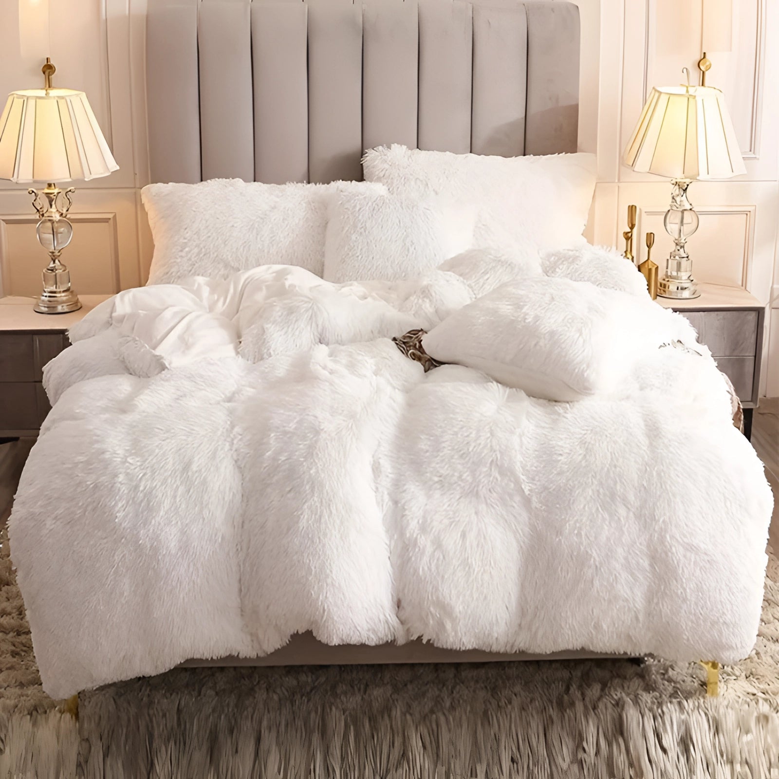 Luxurious dark grey faux fur bedding set with plush comforter and shams, displayed in a stylish bedroom setting with cozy lighting, wooden floor, and modern interior design.