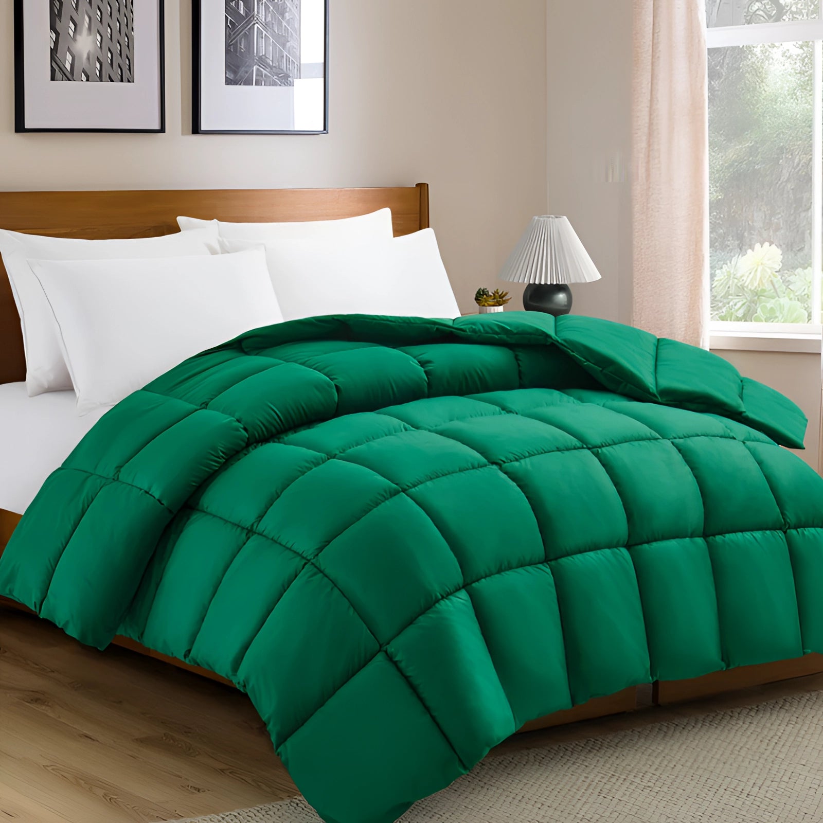 Luxury dark grey hypoallergenic down alternative comforter in green, displayed on a well-lit bed, with a rectangular shape and soft textile texture, set in a room with wooden flooring and a window in the background.