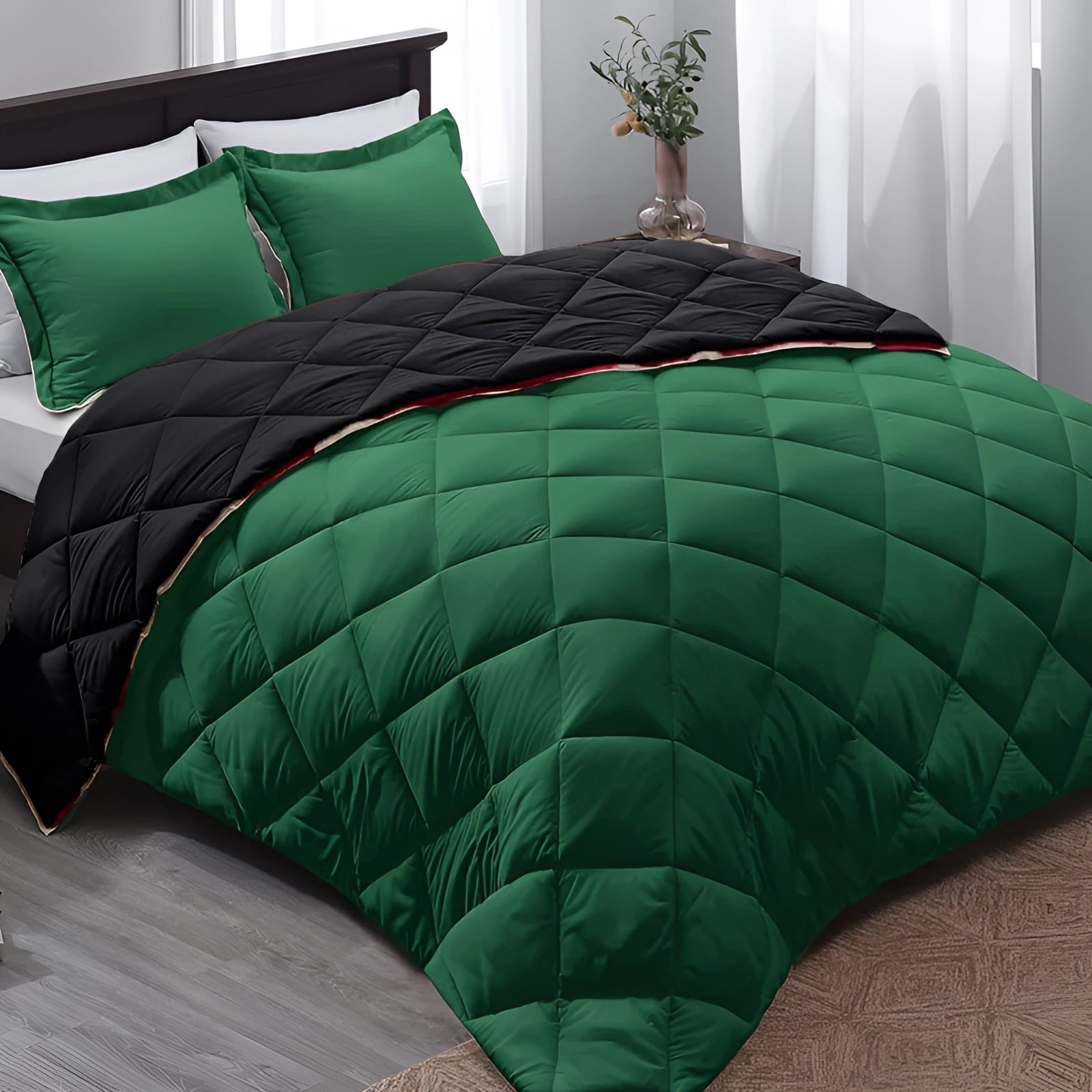 Luxury dark grey hypoallergenic down alternative comforter on a bed, featuring a green and black color scheme with a size of 229 x 269 cm. The comforter is displayed in a well-lit room with a decorative pattern, complementing the surrounding green and grey-toned decor.