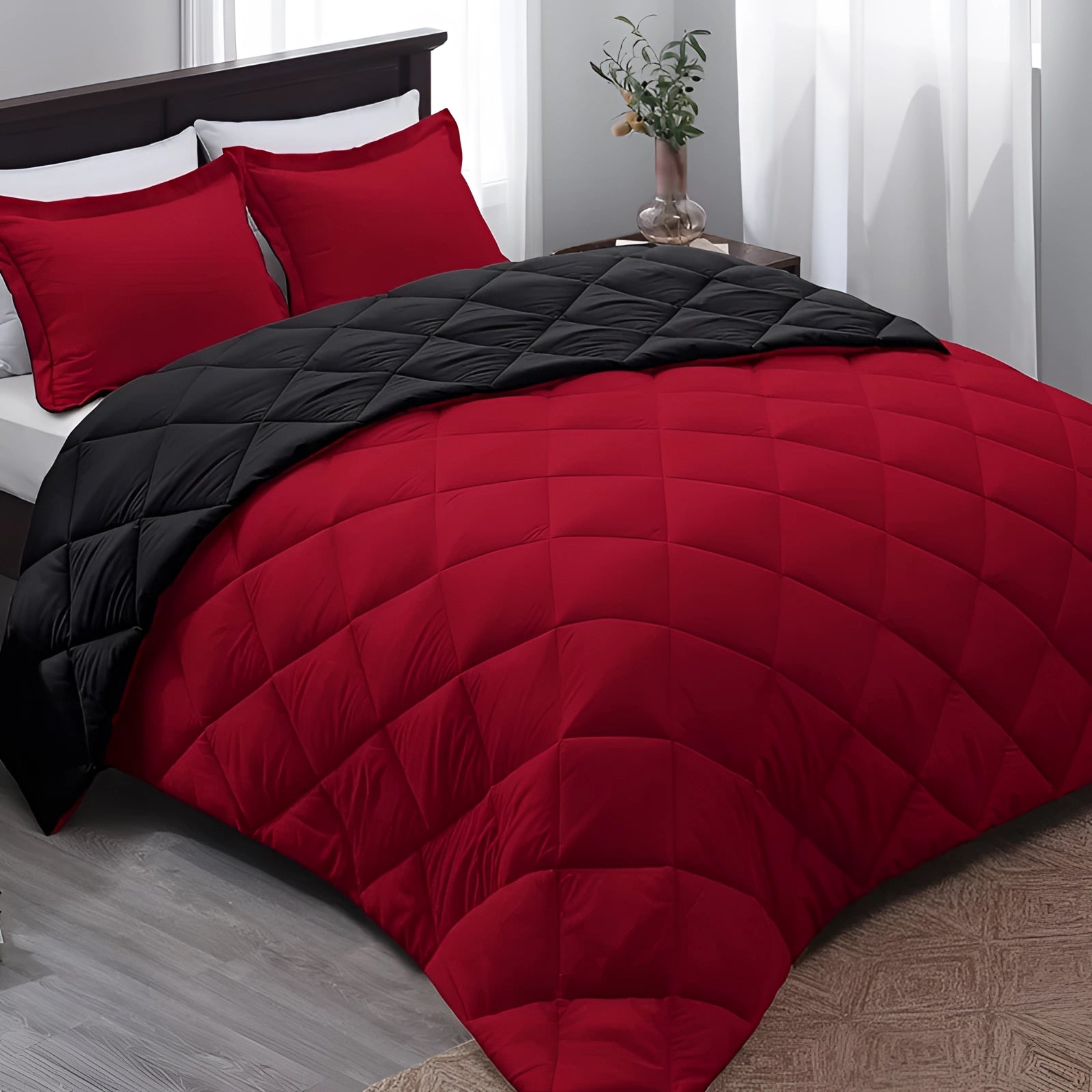 Luxury dark grey hypoallergenic down alternative comforter with red and black pattern, measuring 229 x 269 cm, displayed against a white background.