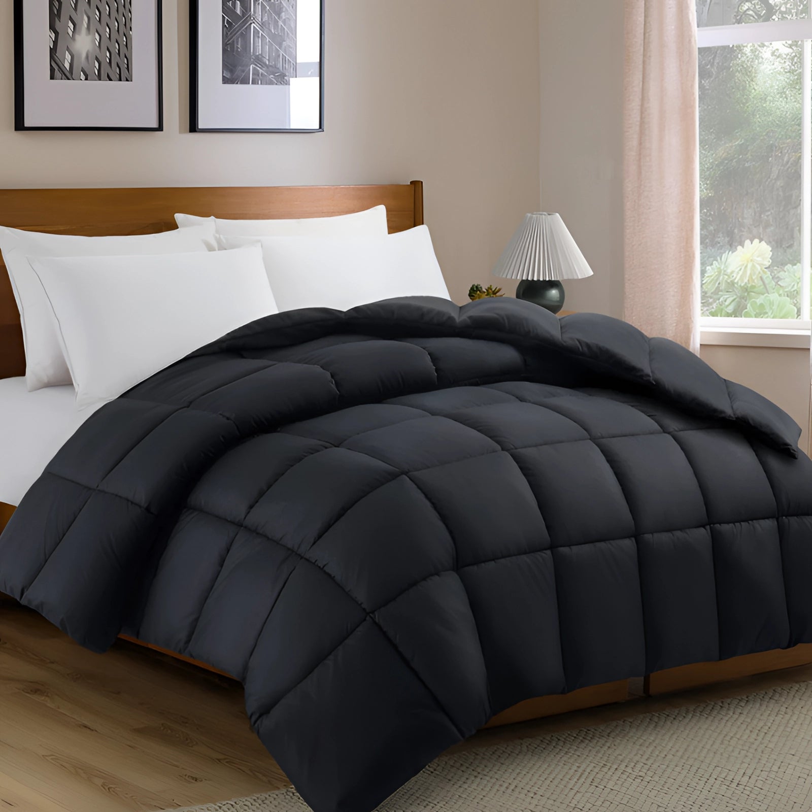 Luxury dark grey hypoallergenic down alternative comforter in black, measuring 229 x 269 cm, displayed on a smooth grey floor, showcasing its plush and comfortable texture.