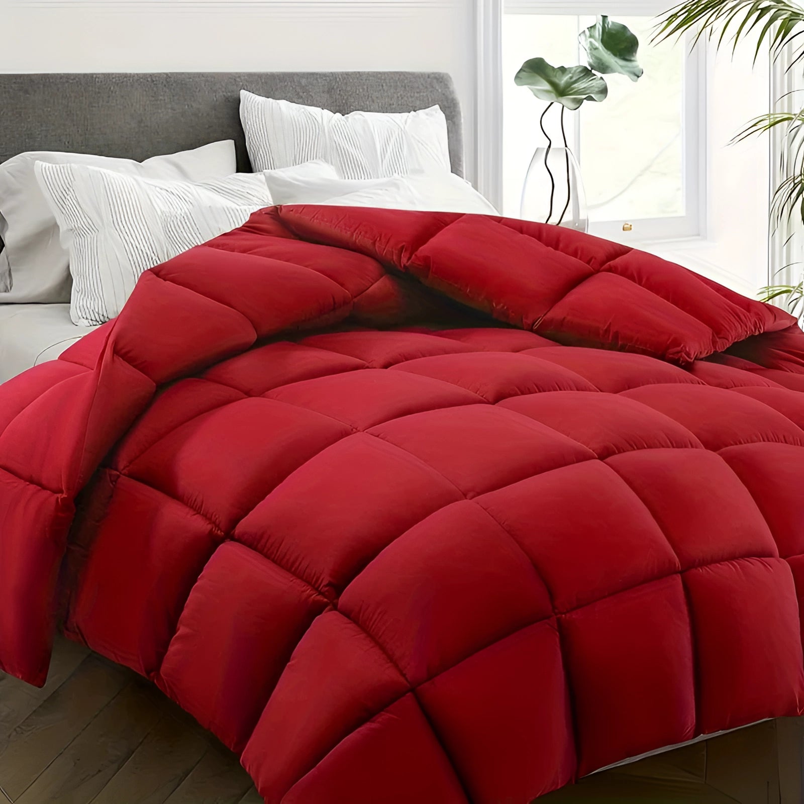 Dark grey hypoallergenic down alternative comforter with a red exterior, measuring 229 x 269 cm, displayed with a soft, plush texture, exuding comfort and warmth.