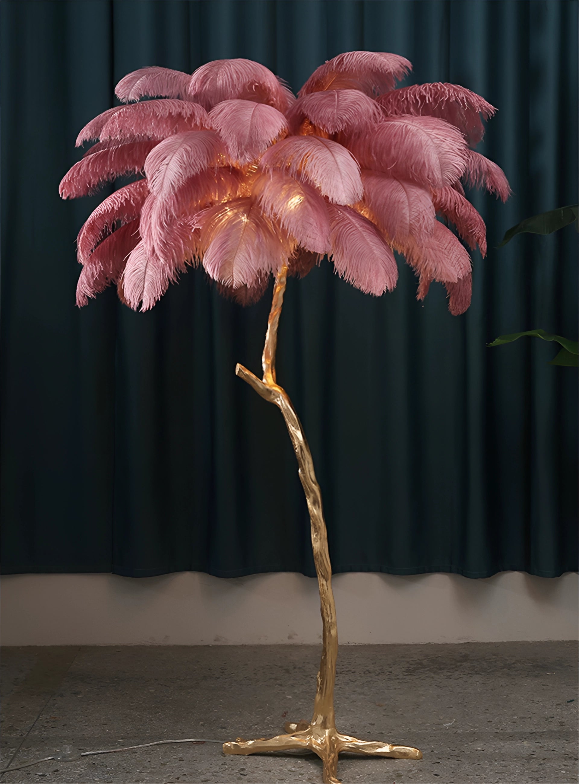 Luxury Feather Floor Lamp in Gold with Pink Palm Tree Art Deco Design, featuring intricate pink feather details resembling flowers and plants.