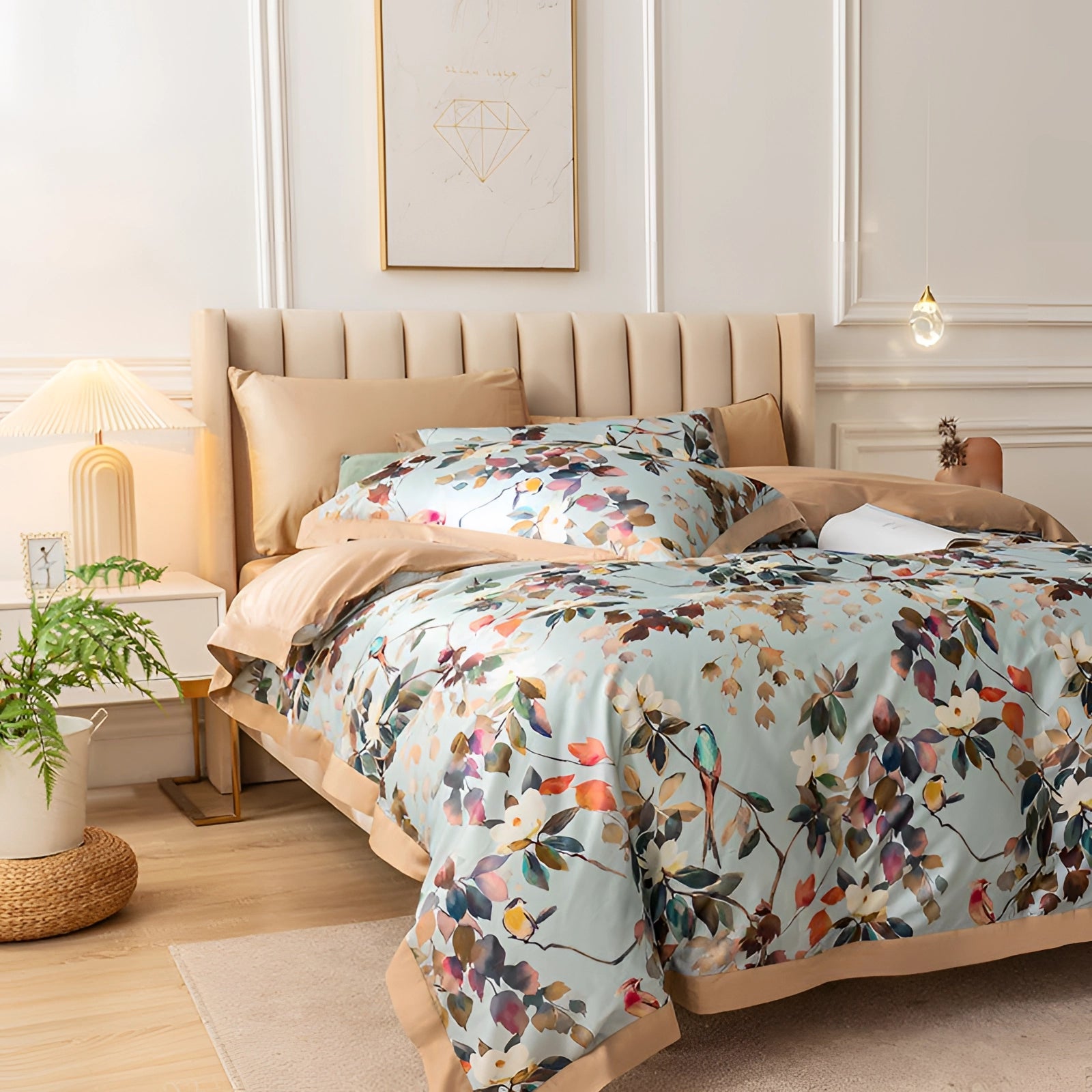 Luxury floral bedding set featuring designer botanical sheets and silk pillowcases displayed in a stylish bedroom. The room includes elegant furniture, a large window with natural light, and potted plants enhancing the serene and comfortable interior design.
