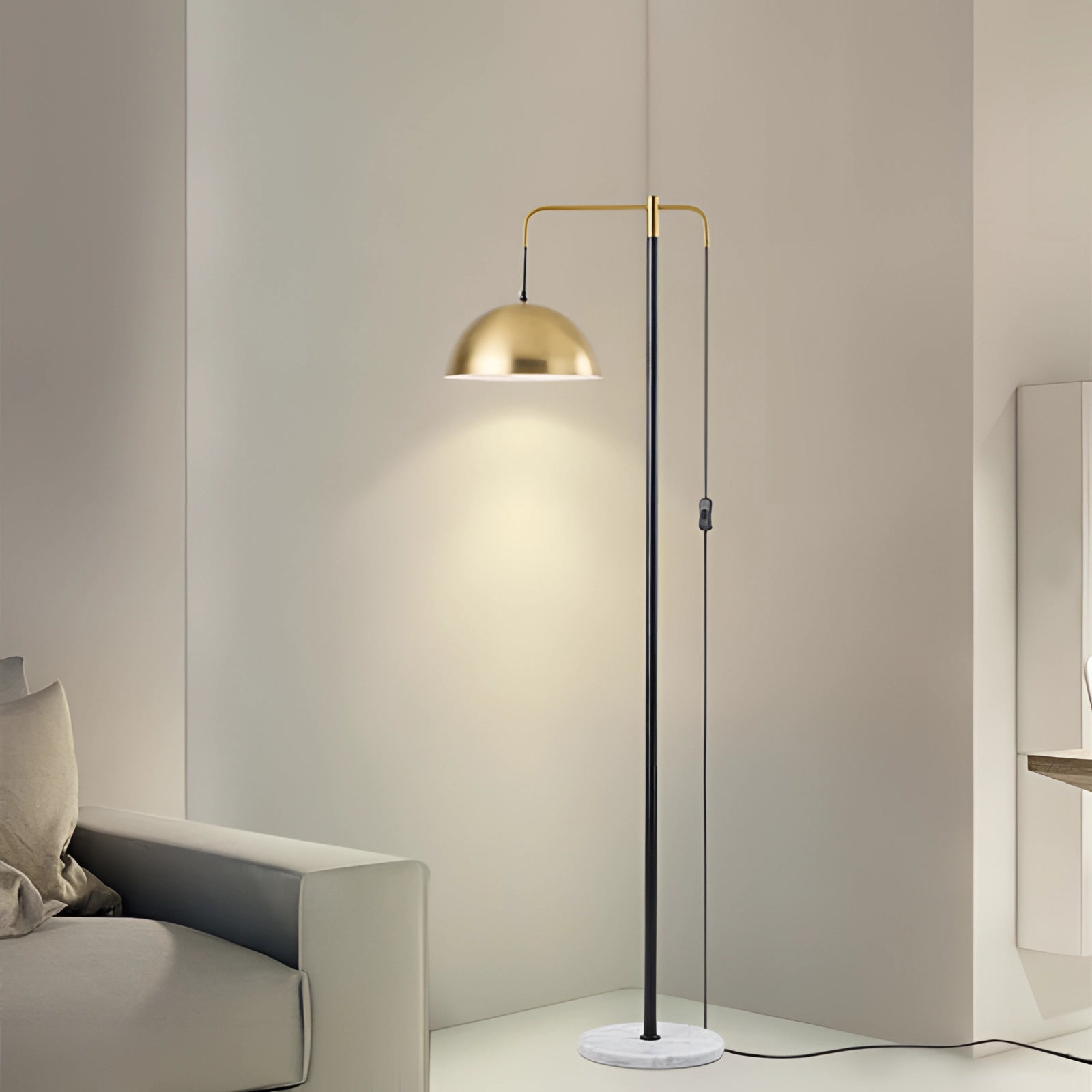 Luxury gold dome floor lamp with a modern design, featuring an adjustable arm and sturdy marble base.