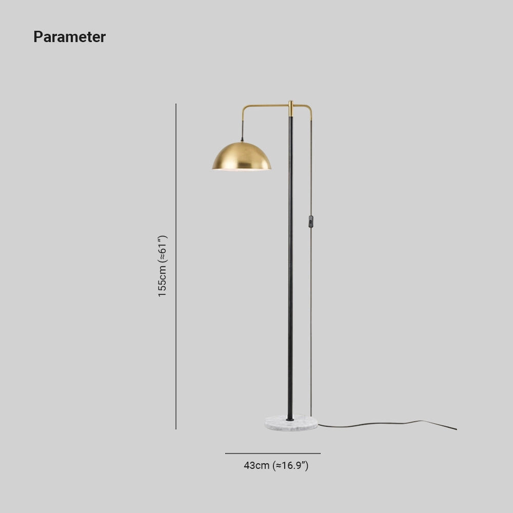 Luxury gold dome floor lamp with a modern design, featuring an adjustable arm and a sturdy marble base.