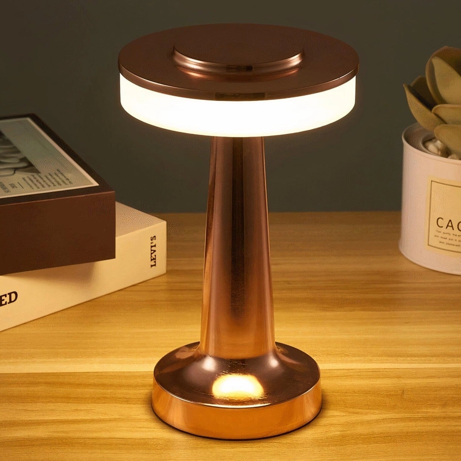 Luxury Modern LED Desk Lamp with Brass Finish on Wooden Table