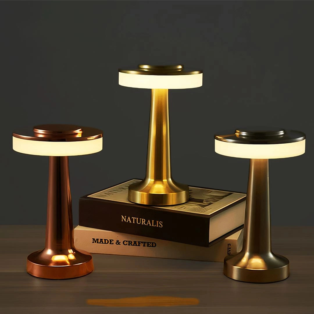 Luxury modern LED desk lamp with brass finish, rectangular base, and wooden accents, suitable for bedside and office use.