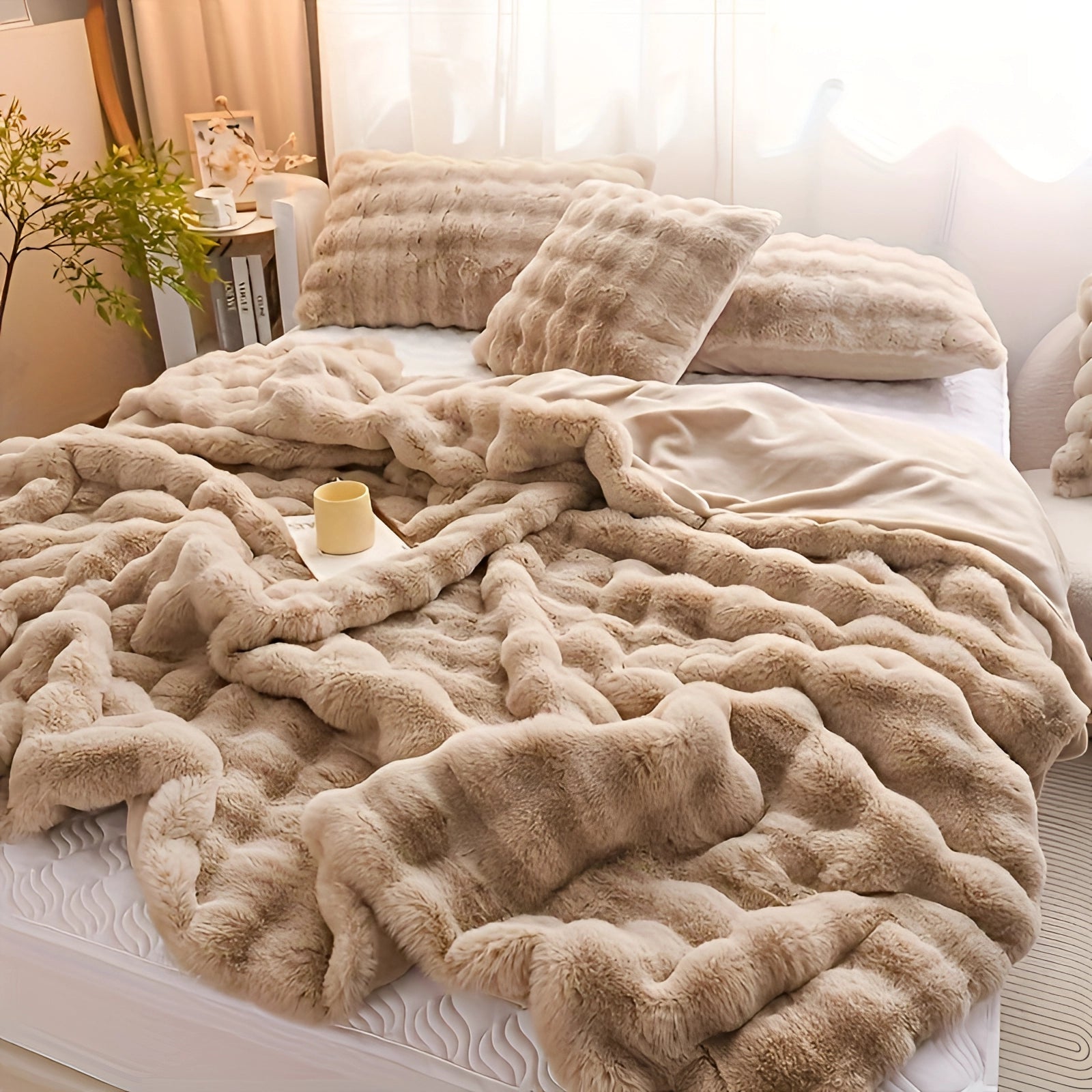 Luxurious oversized faux fur blanket in camel color, measuring 152x178cm, elegantly draped over a wooden surface, surrounded by warm beige interior decor elements, including plants and plush linens, creating a cozy and sophisticated setting.