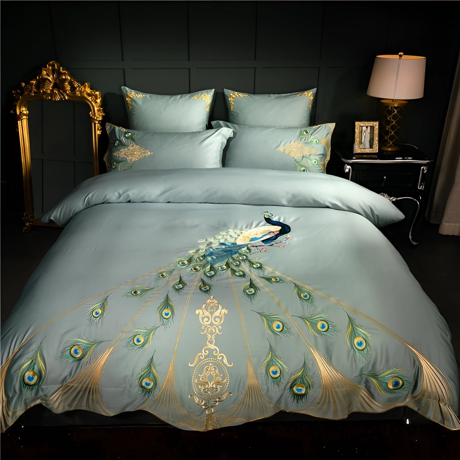 Luxury Peacock Bedding Set featuring a teal and gold embroidered duvet cover displayed in an elegantly styled bedroom setting.