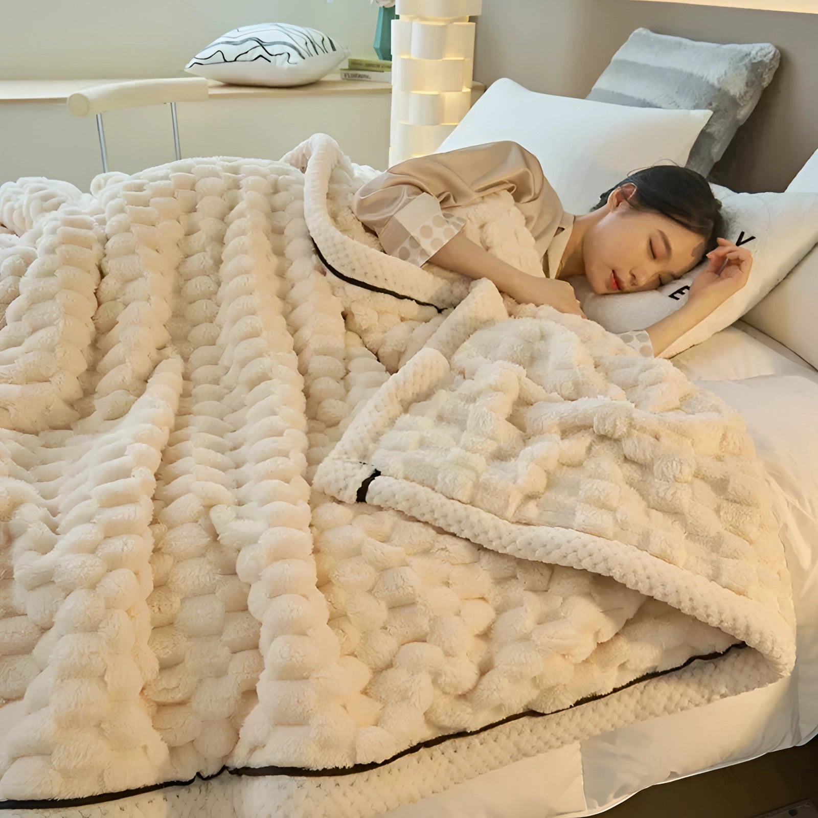 Luxury pink comforter set displayed in a bedroom setting, featuring a plush, textured pink blanket draped over a bed with beige pillow accents. The bedding ensemble complements wooden flooring and cozy fur elements, creating an inviting and comfortable atmosphere.