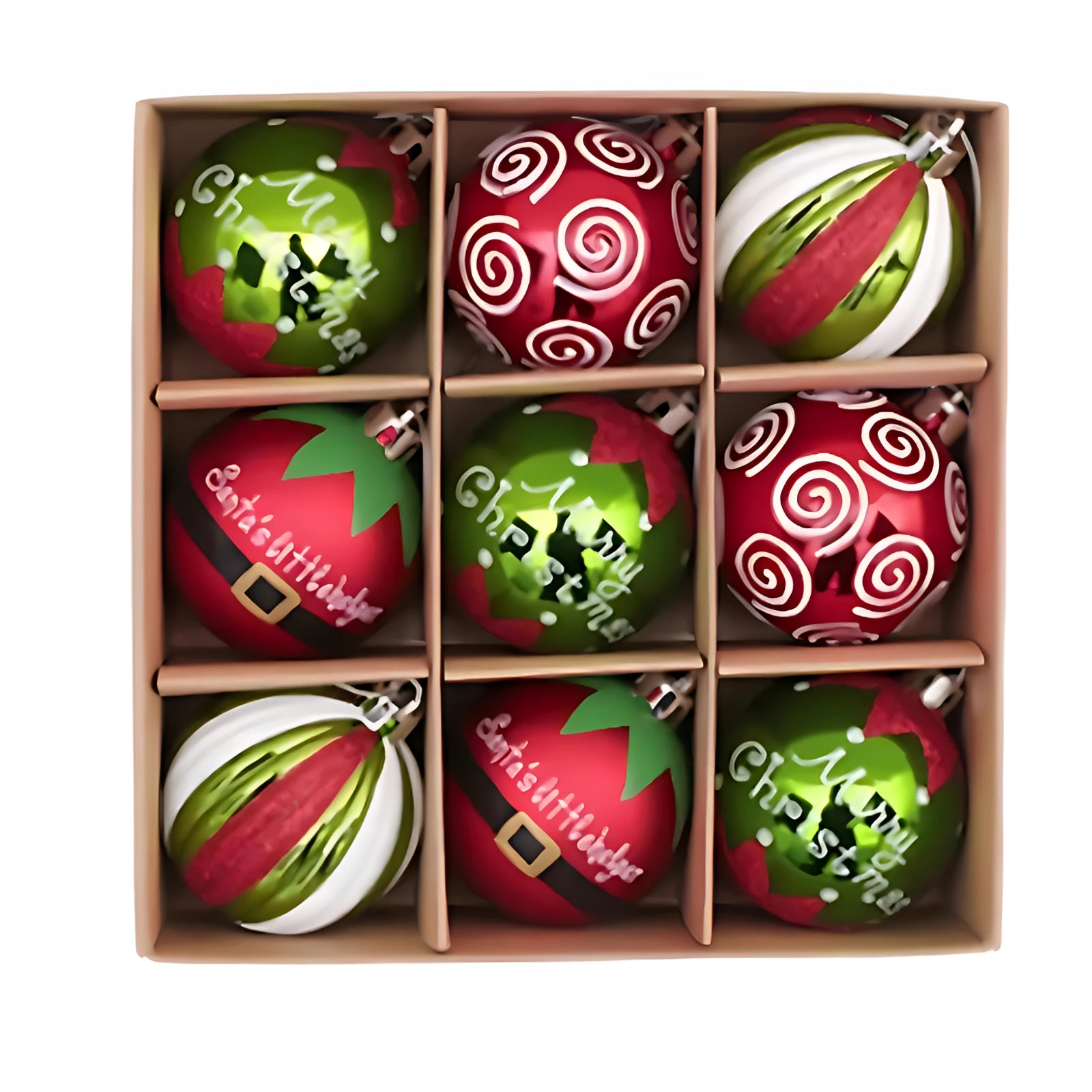 Luxury red, green, and gold Christmas ornaments with an elegant spherical design, part of a premium holiday decor set, displayed in an artistic and festive arrangement.