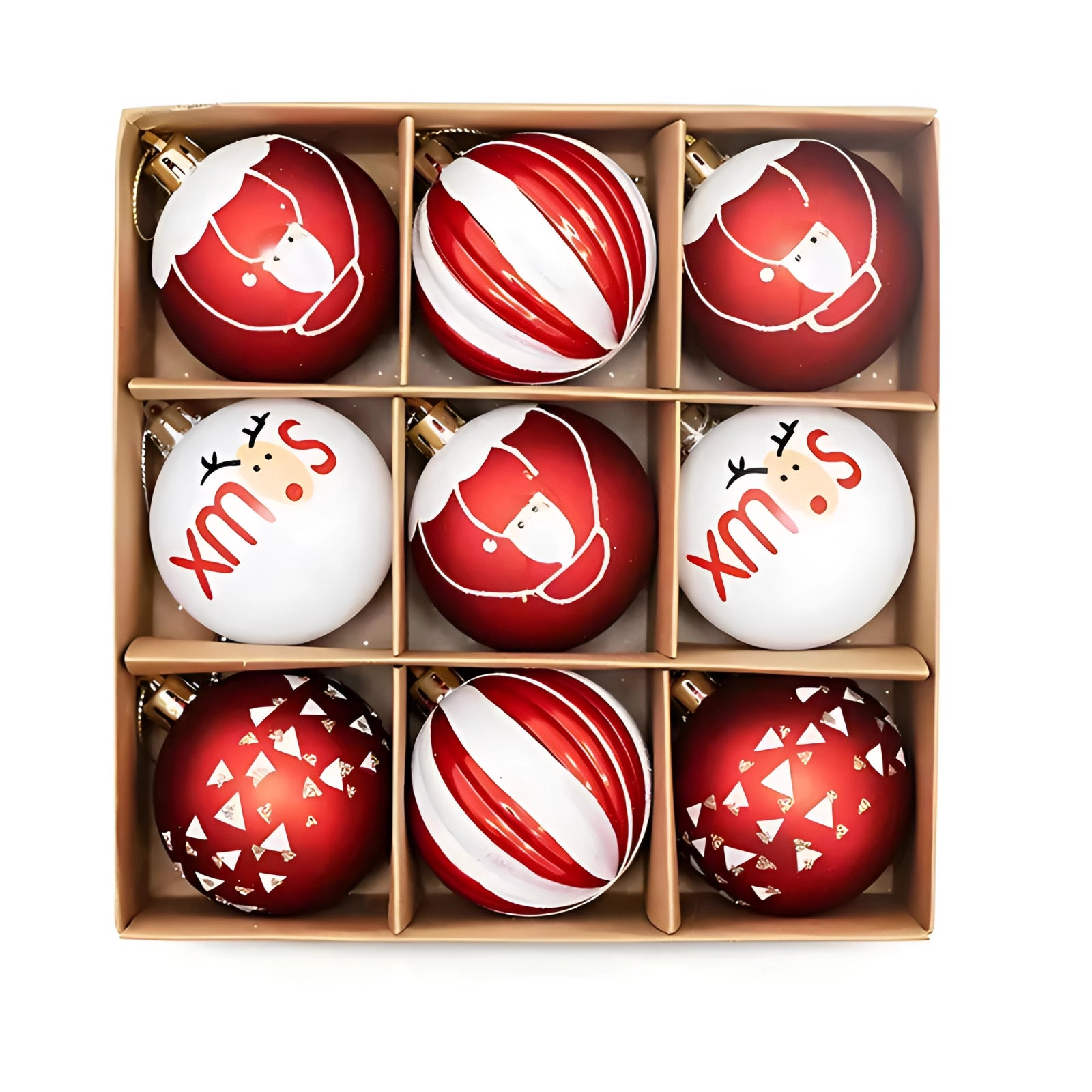 Luxury Christmas ornaments set featuring red, green, and gold baubles with a glossy finish, perfect for premium holiday decor.